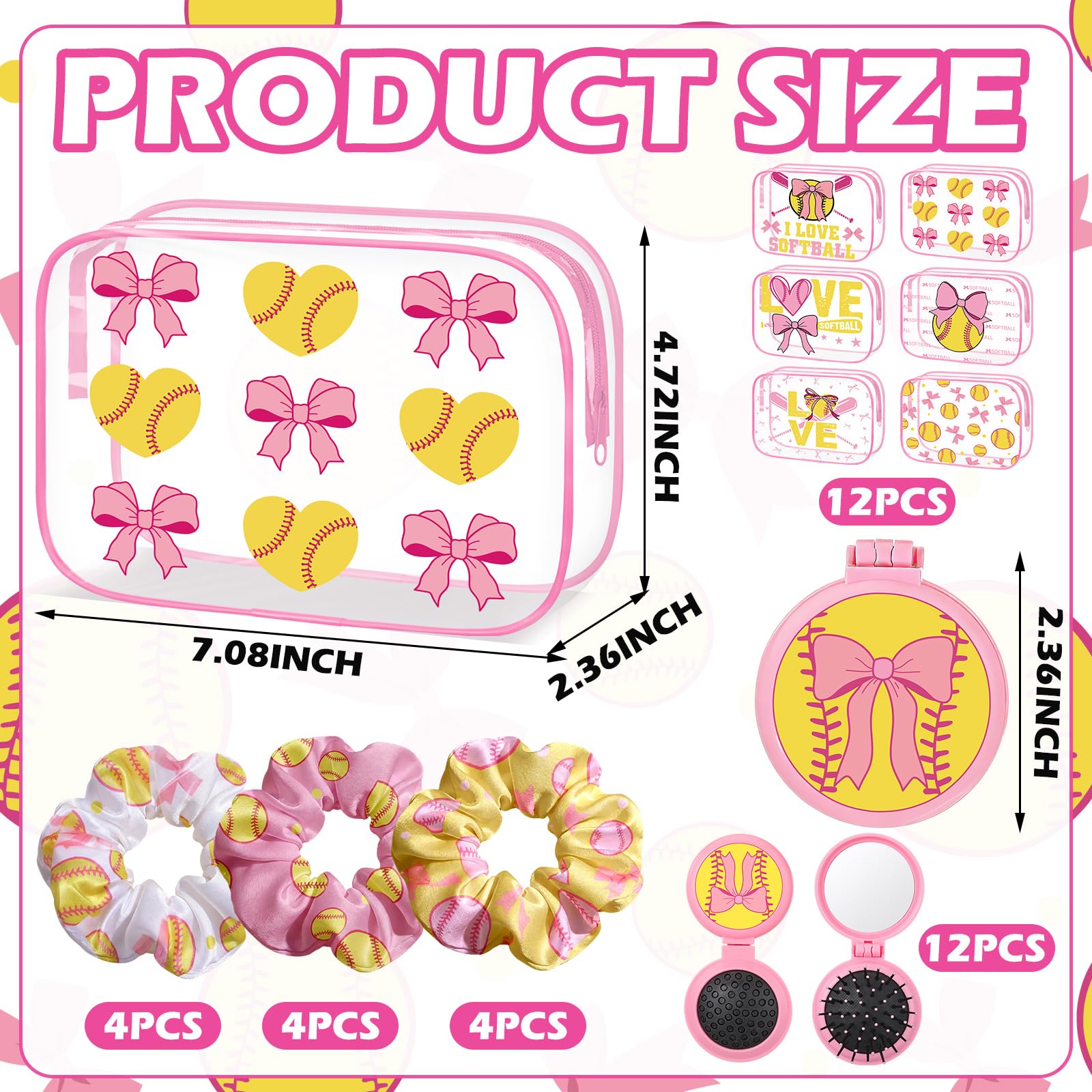 36 Pcs Pink Softball Gifts for Girl 12 Softball Makeup Bag Bulk Cosmetic Bag Sport Team Gifts with 12 Pink Bow Hair Scrunchies 12 Round Portable Folding Brush Mirror for Coach Team