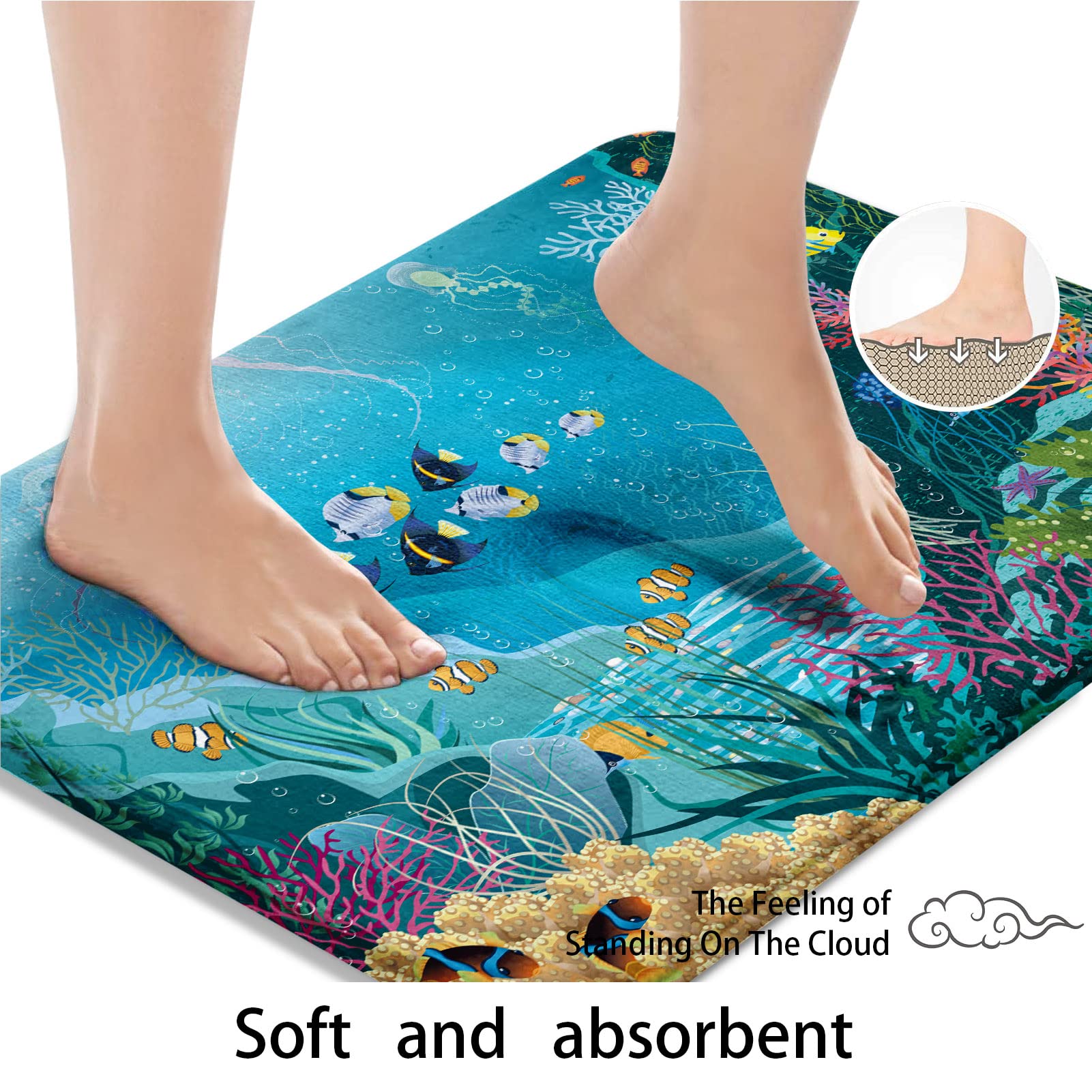 Britimes Blue Sea Bath Mat,Water Plants and Tropical Bathroom Mat