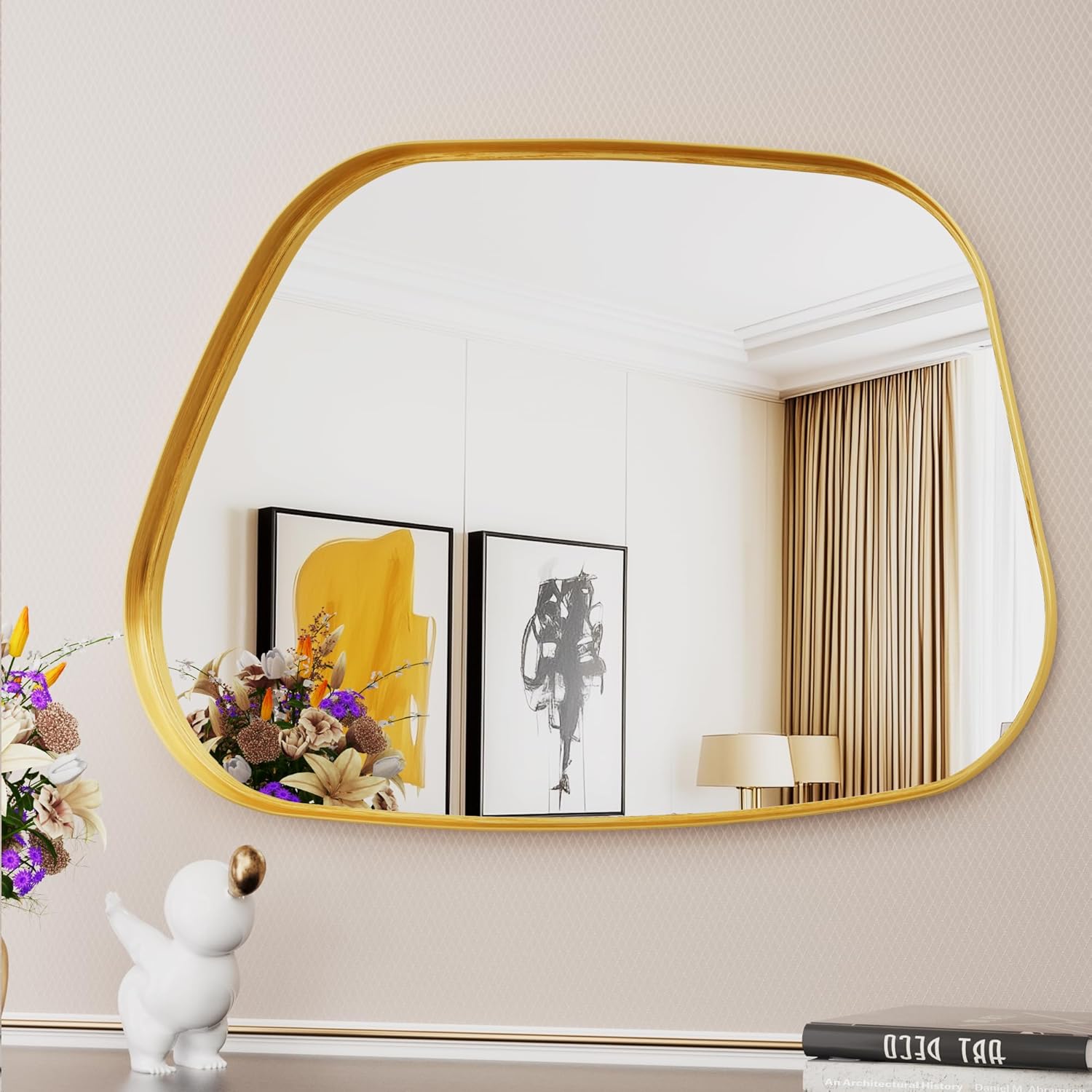Irregular Wall Mirror 22"x30" Bathroom Mirrors Asymmetrical Artistic Decorative for Living Room Bedroom Bathroom Hallway Entryway,Trapezoid,Gold 30"L x 22"W Trapezoid Style Gold