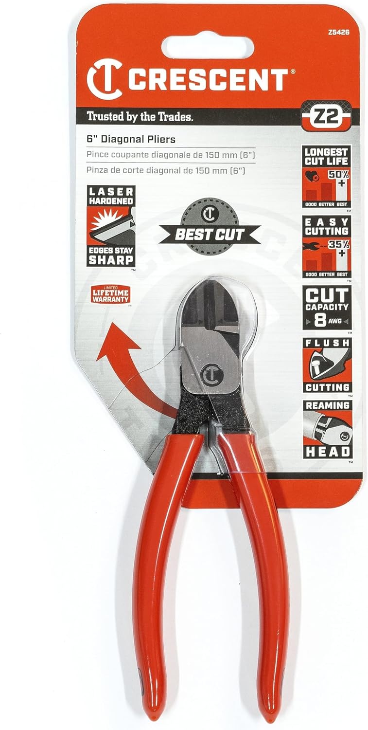 Crescent Diagonal Cutting Plier Dipped Handle - Wire & Cable Cutter for Home Improvement & Repair - Heavy Duty Electrician Tool - 6" - Z5426-06