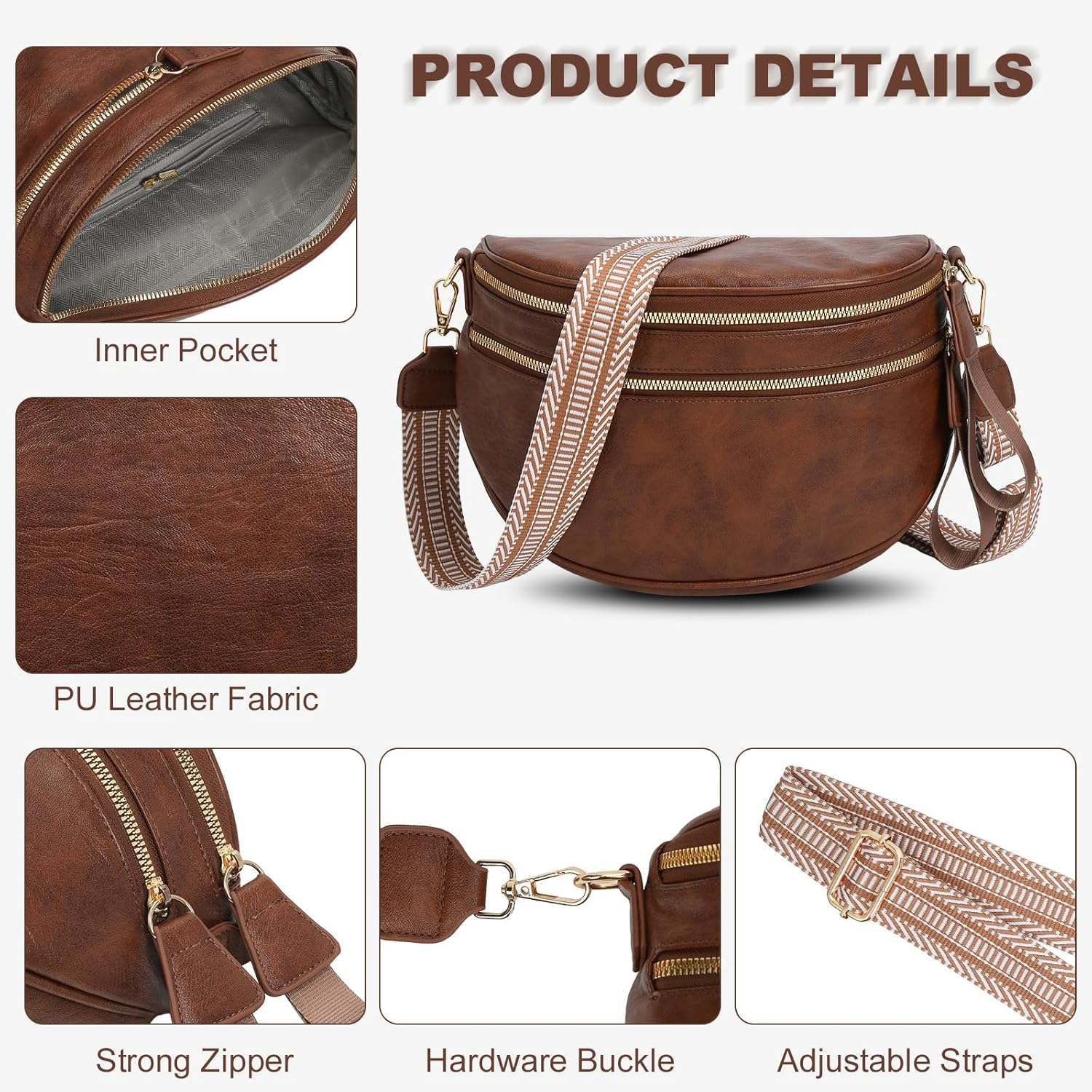Crossbody Bags for Women PU Leather Bum Bags Large Fanny Pack Trendy Leather Purses with Two Shoulder Straps (Brown)