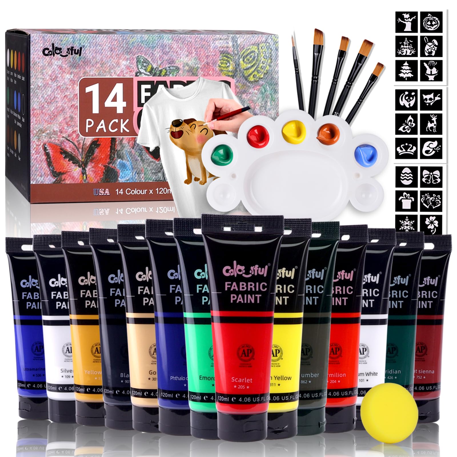 Colorful Set di pittura per tessuti da 120 ml con 14 colori