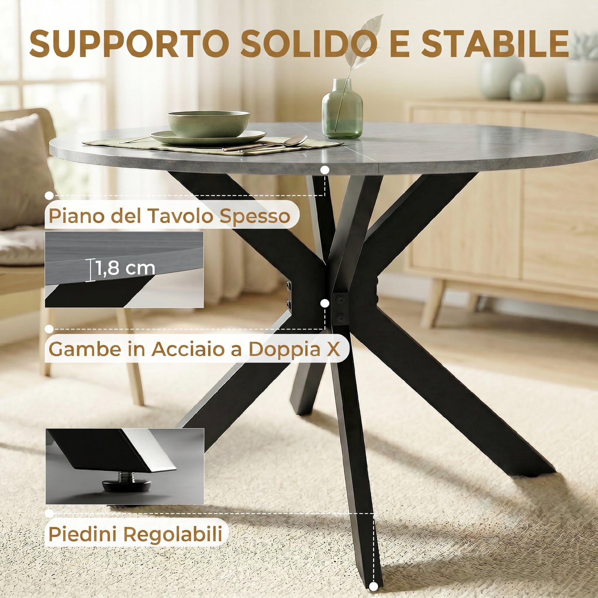 HOMCOM Tavolo da Pranzo Rotondo Pieghevole per 2-6 Persone, Ø110 cm Tavolo Cucina a Ribalta con Gambe a X in Acciaio, Piano Spesso, Salvaspazio per Soggiorno Sala da Pranzo, Grigio Cemento
