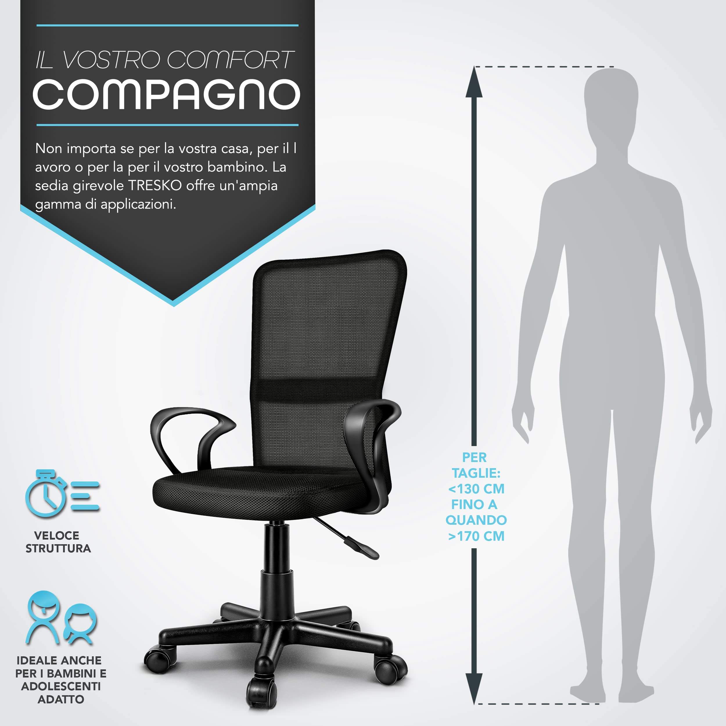 TRESKO® Sedia da Ufficio Sedia da scrivania Girevole con braccioli, Regolabile in Altezza, Sedile Imbottito, Sedia ergonomica, pistone Approvato SGS