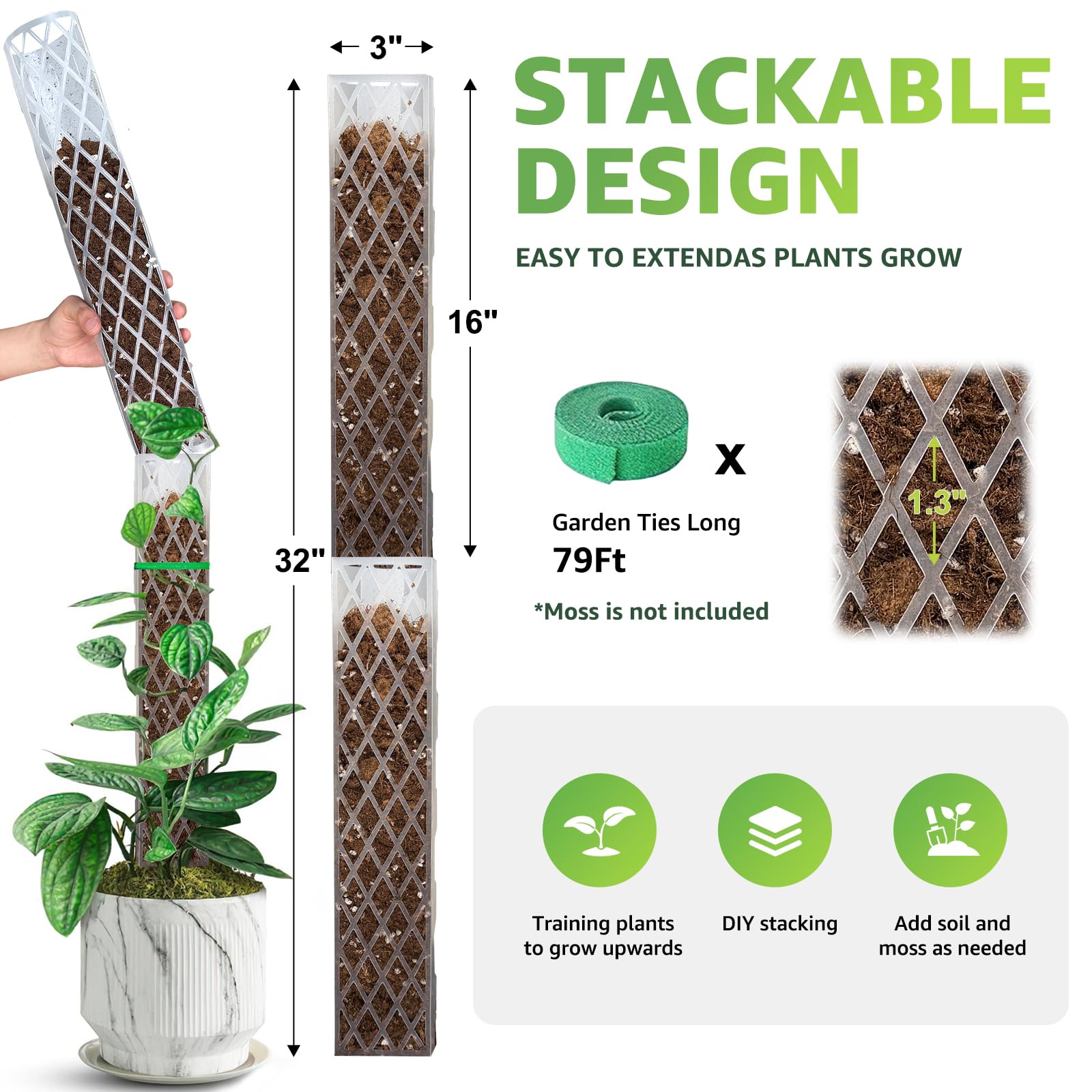 Sisher Monstera Moosstange aus Kunststoff, für Kletterpflanzen, 40,6 cm, D-förmige Stangen, stabile Pflanzenstützpfähle, Pflanze für Indoo Pflanzen, Weiß, 4 Stück