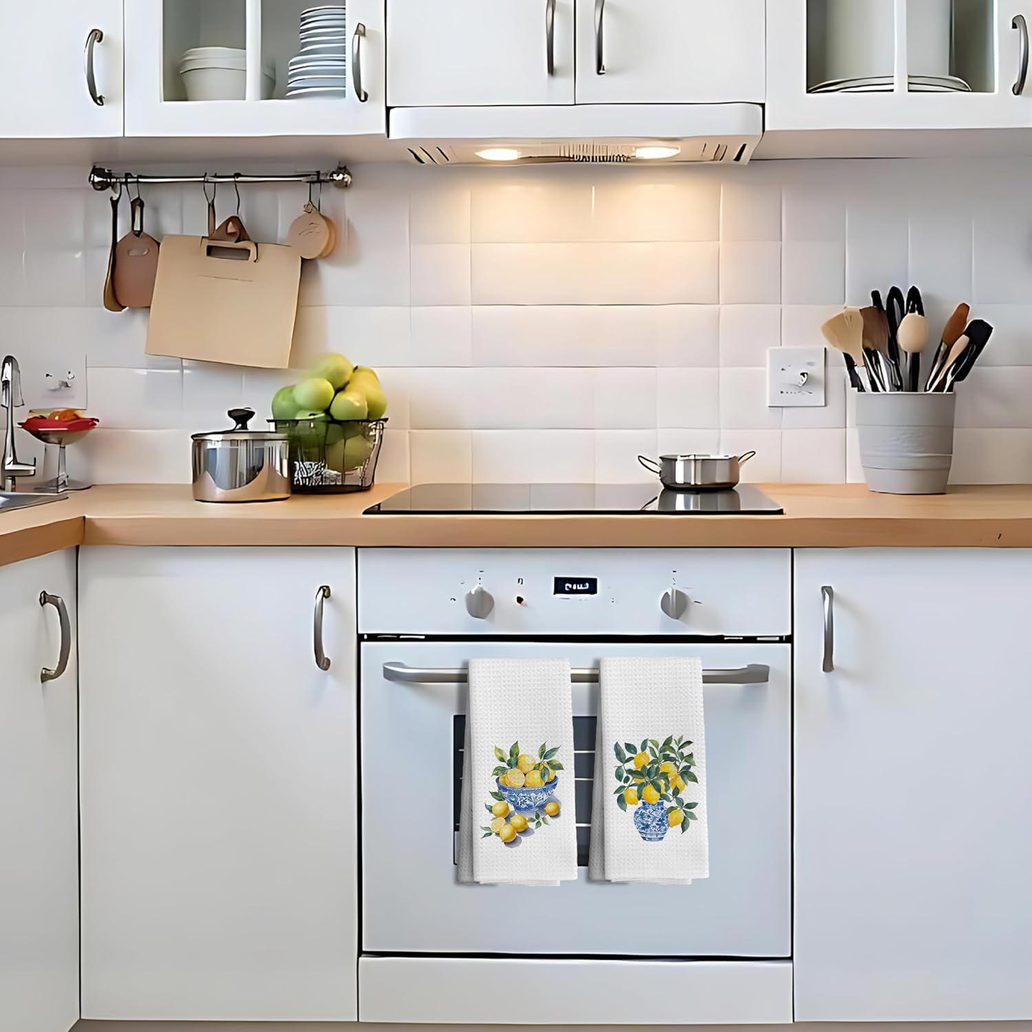 Chinoiserie Lemon Kitchen Hand Towels Decorative Set of 2 for Bathroom,Blue and White Chinoiserie Lemon Kitchen Bathroom Decor and Accessories, 16x24 Inch image 5