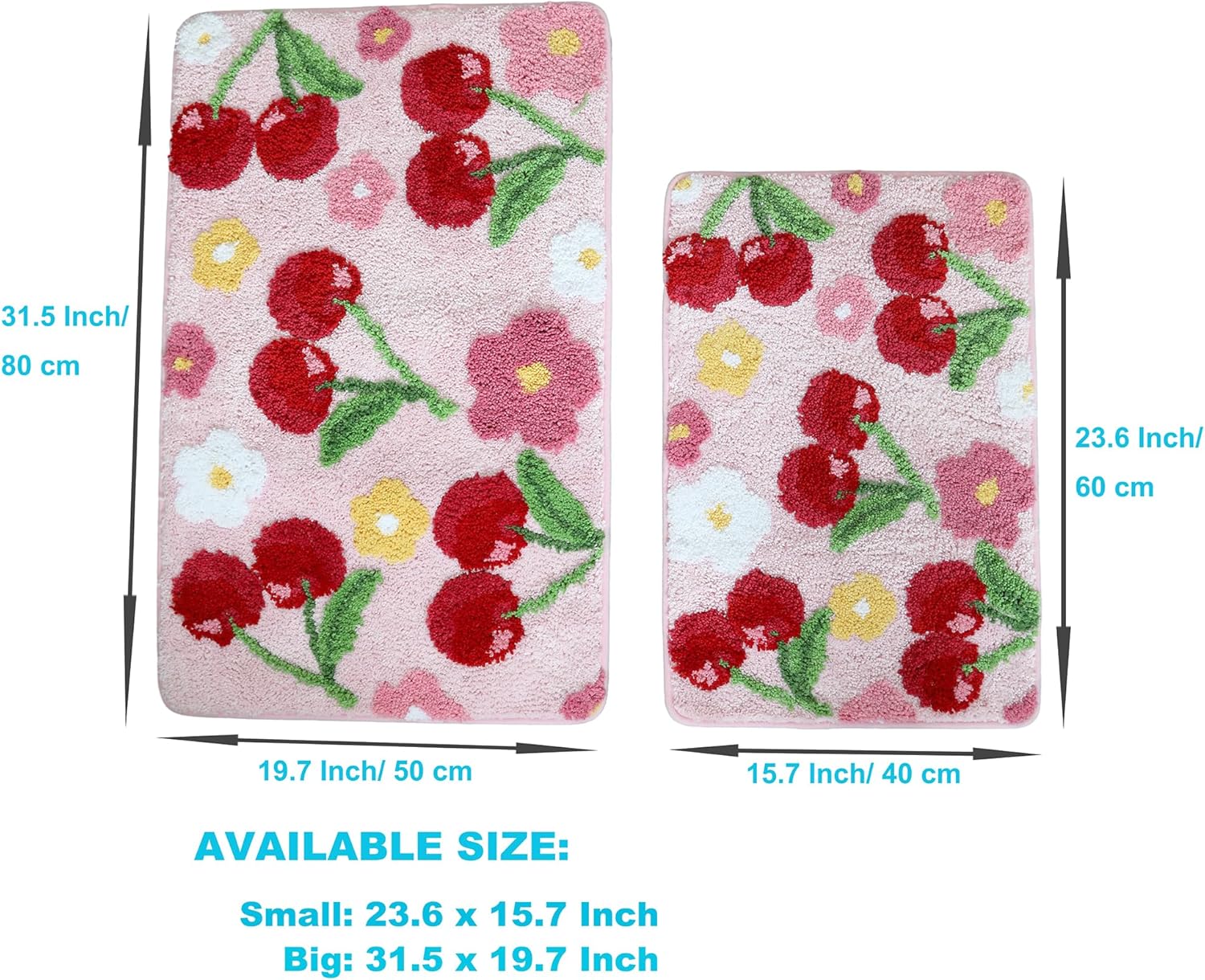 Cherry Bath Mat, Soft Microfiber Bathroom Rug, Non-Slip TPR Backing, Absorbent Machine Washable Bath Rug for Shower Tub Sink Bedroom Kitchen Indoor Home Decor, Pink 32x20 Inch