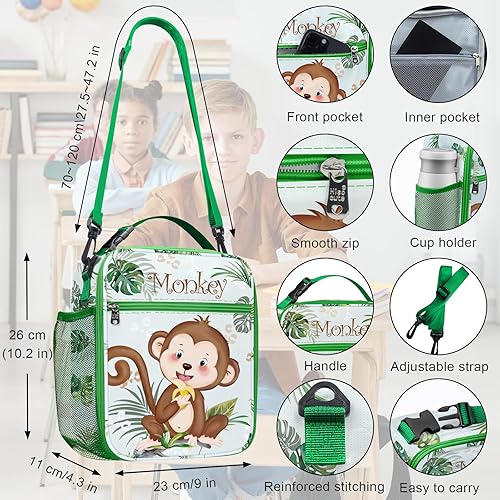 Miniatura 4 de Clastyle Bolsa de almuerzo aislada para niños y niñas, lonchera escolar con diseño de mono marrón, linda bolsa enfriadora para picnic al aire libre,
