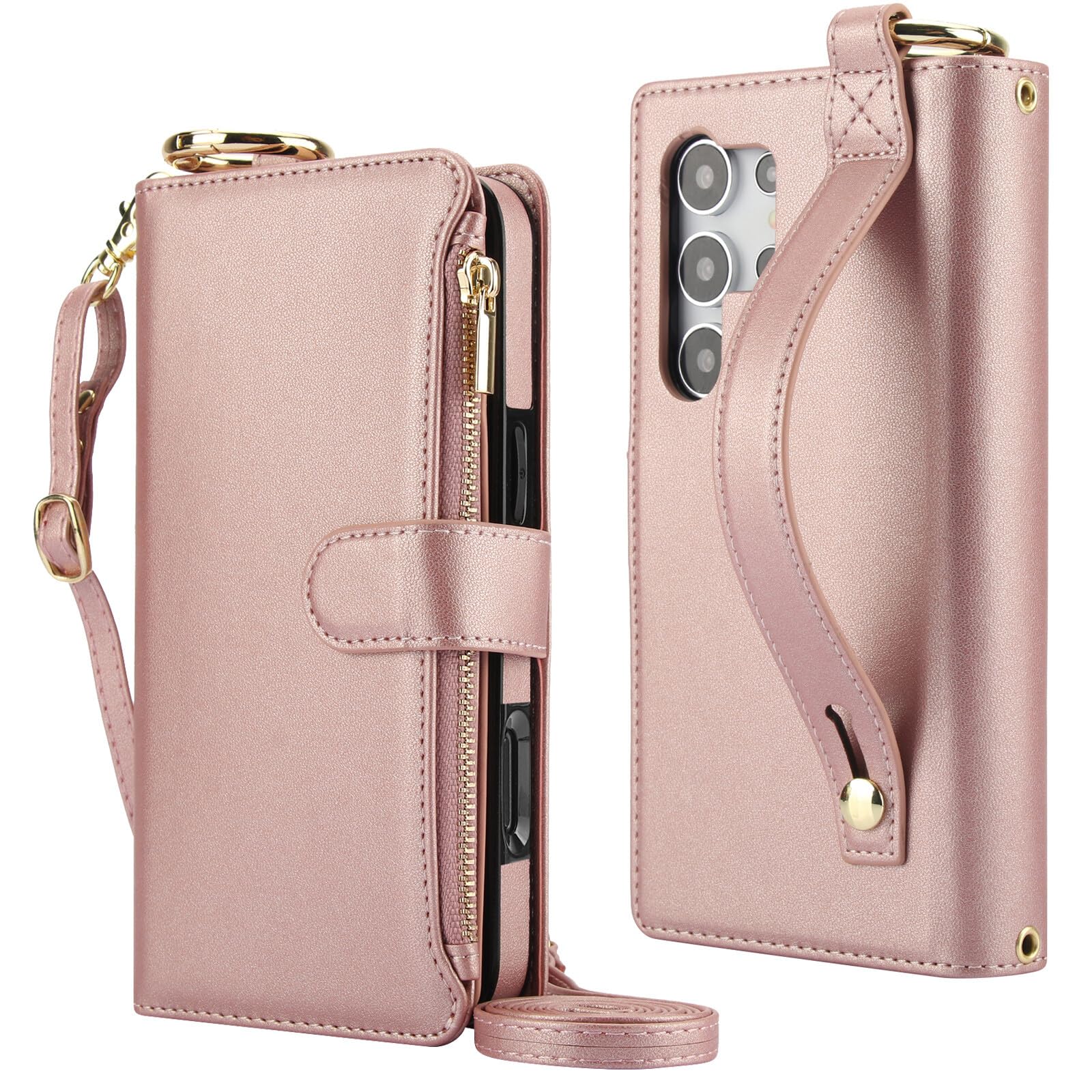 Étui Samsung Galaxy S23 Plus or rose portefeuille multi-fentes avec bandoulière pratique