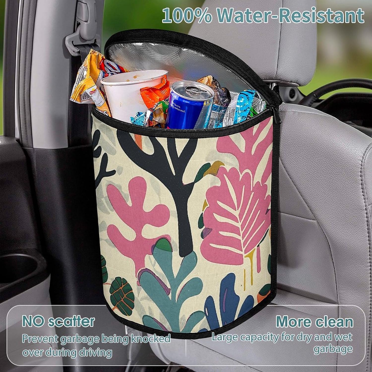 Car Trash Can Trees and Leaves Printed Car Organizer Car Accessory Interior Car Garbage Can with Lid