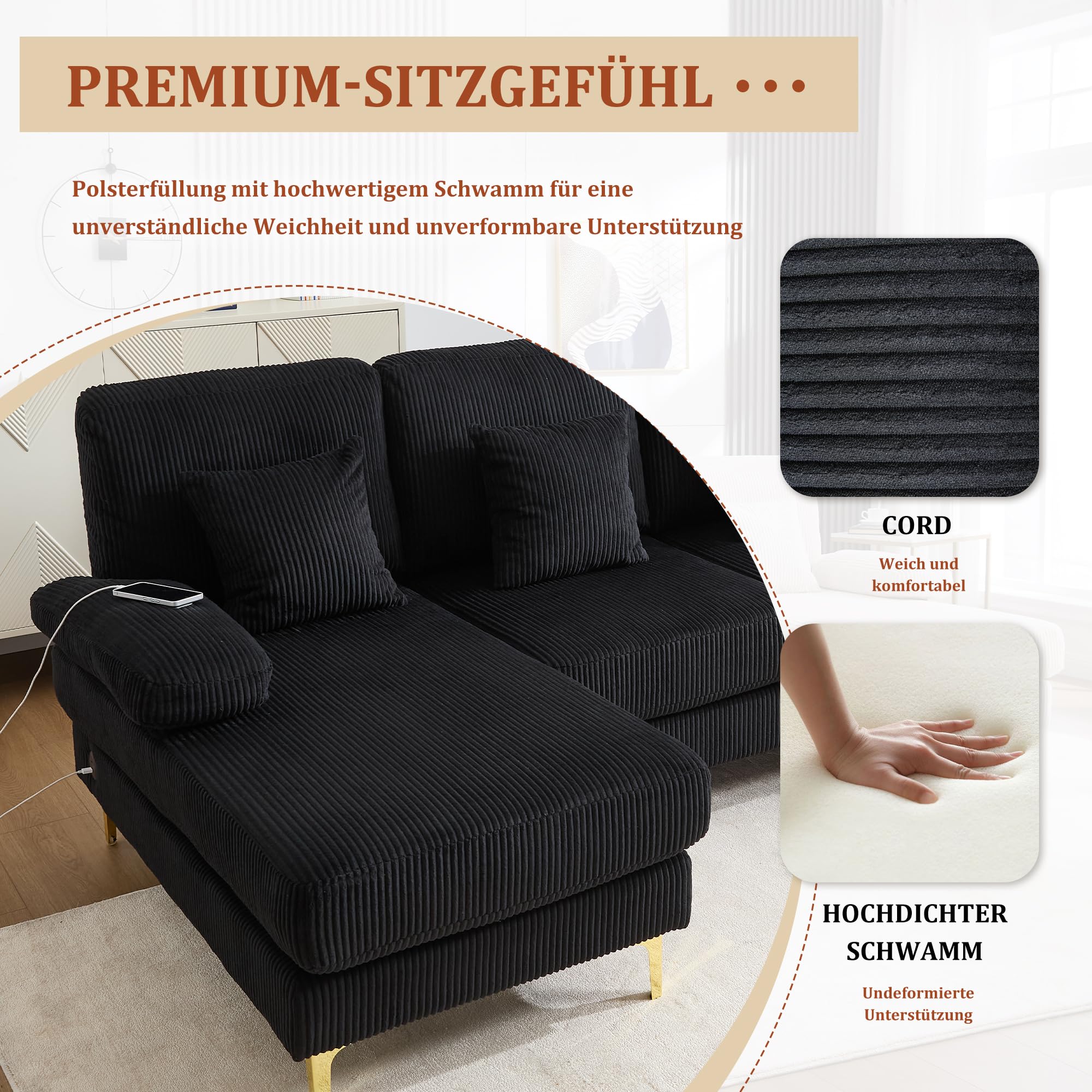 Sapgaks Canapé Moderne en Forme de U avec éclairage d'ambiance LED et Port USB+Type-C,canapé 4 Places avec 4 Coussins Luxueux et Dossier Ergonomique Haut de Gamme,Velours,Noir