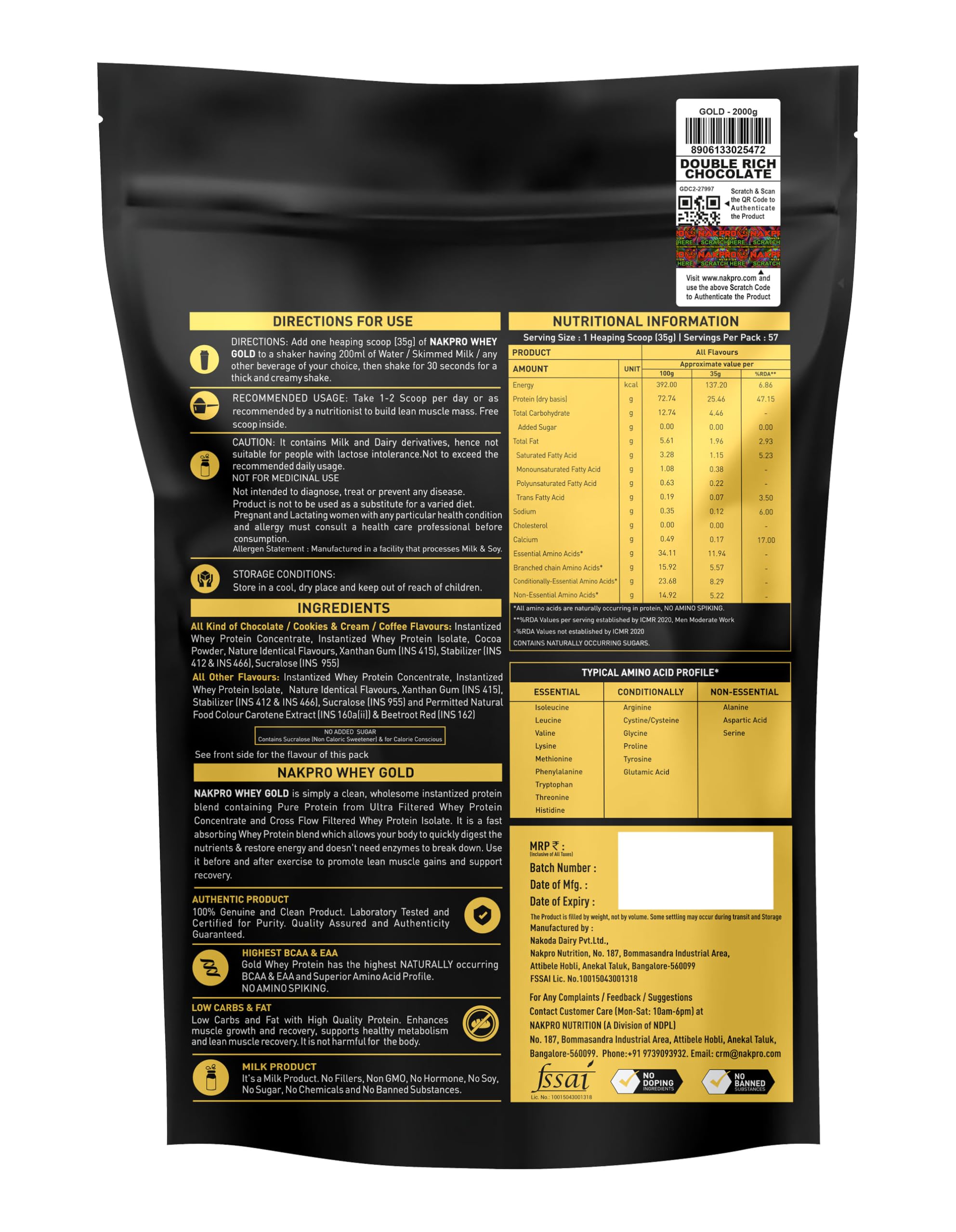 NAKPRO NUTRITION Gold Whey Protein Concentrate & Isolate 2kg Double Rich Chocolate flavour | 25.5g Protein, Trustified Certified