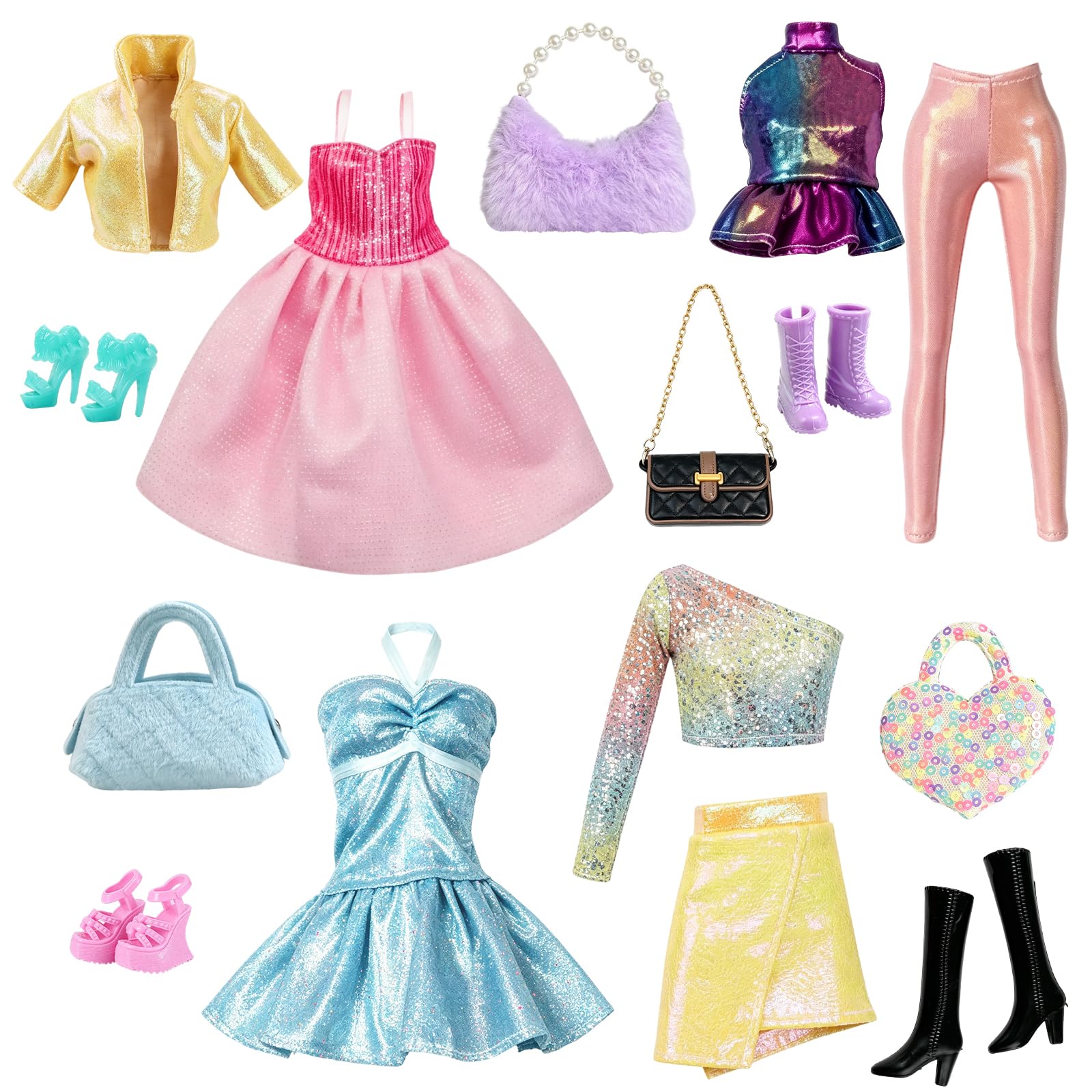 12 Pcs Doll Clothes & Accessories for 11.5 Inch Barbie Dolls, Pink Yellow Sparkling Doll Outfits with Strappy Tulle Dresses Tops Leggings Glossy Jackets Handbags Chain Bag Heels Boots, Gifts for Girls