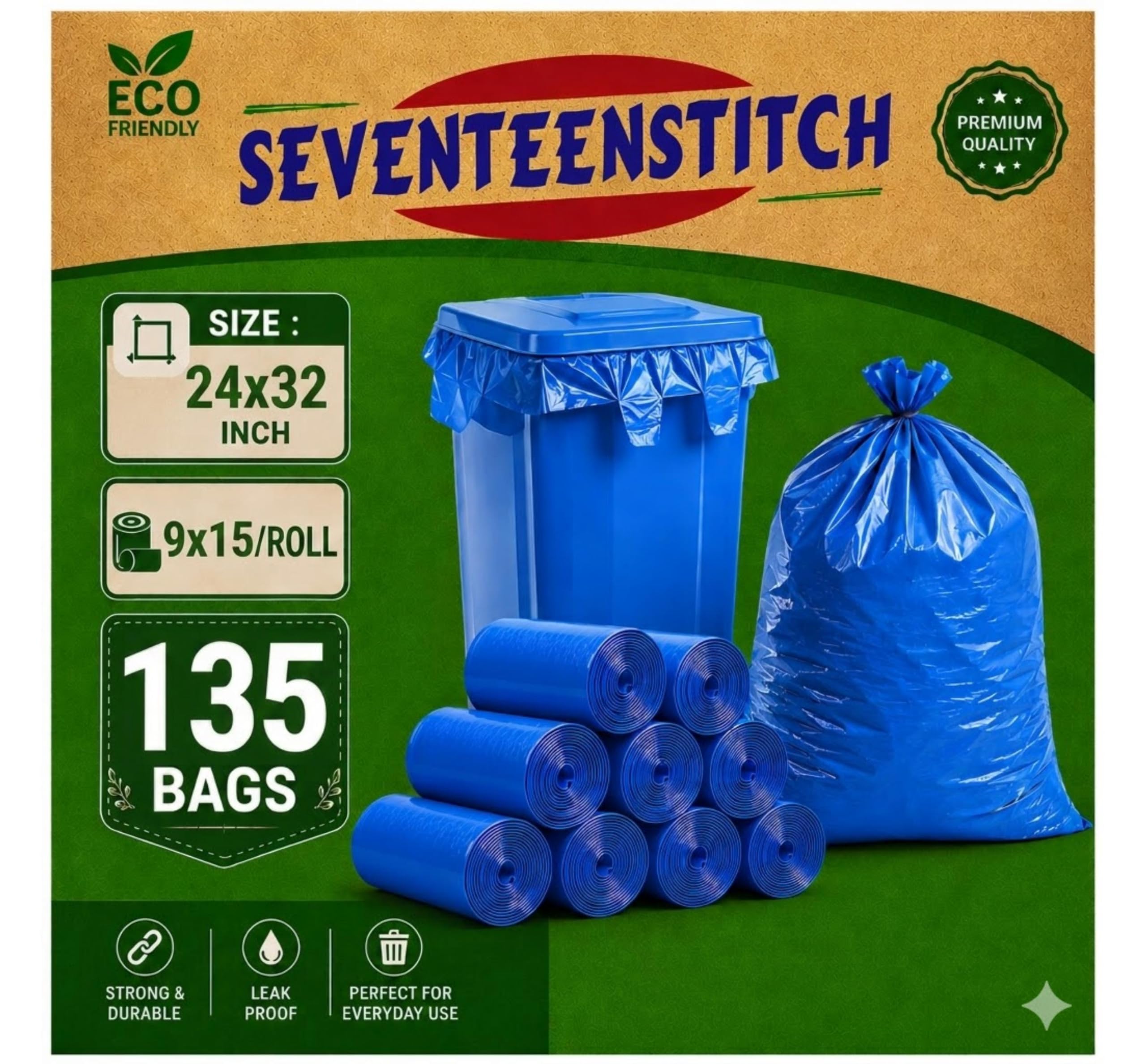 Large Trash Bags - 3 Rolls of 24x32 Blue Bags -12