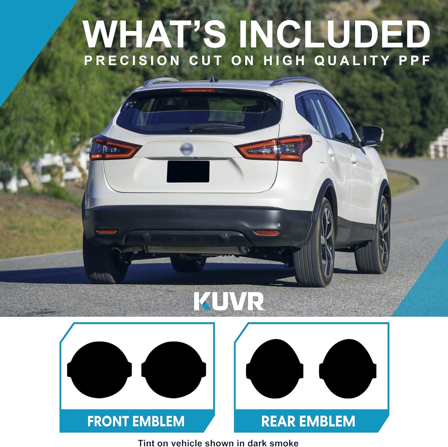Pre-Cut Front & Rear Emblem Tint Compatible with Nissan Rogue 2021-2023 | Precision Cut Stretchable PPF Vinyl Overlay Cover Wrap Dark Smoke (Pack of 4)