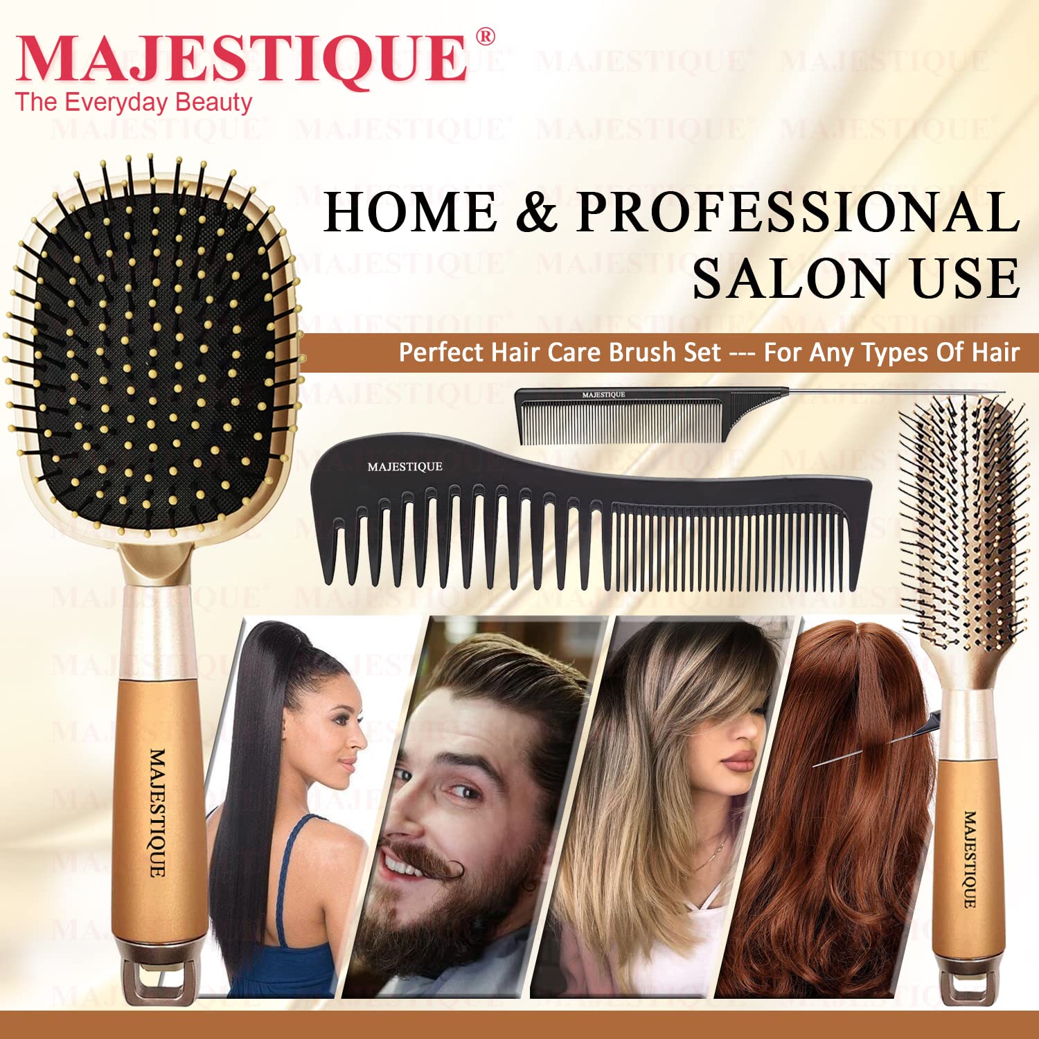 Majestique Hair Brush & Comb Set 4 – Paddle Detangler Brush, Wide Tooth Comb, Tail Pin Comb & Styling Brush for Wet & Dry Hair | Unisex Hair Grooming Kit for All Hair Types 2