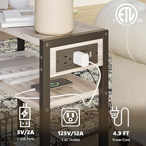 Miniatura 5 de Mesa auxiliar estrecha con estación de carga, mesa auxiliar pequeña para espacios pequeños, mesita de noche delgada con cesta de almacenamiento,