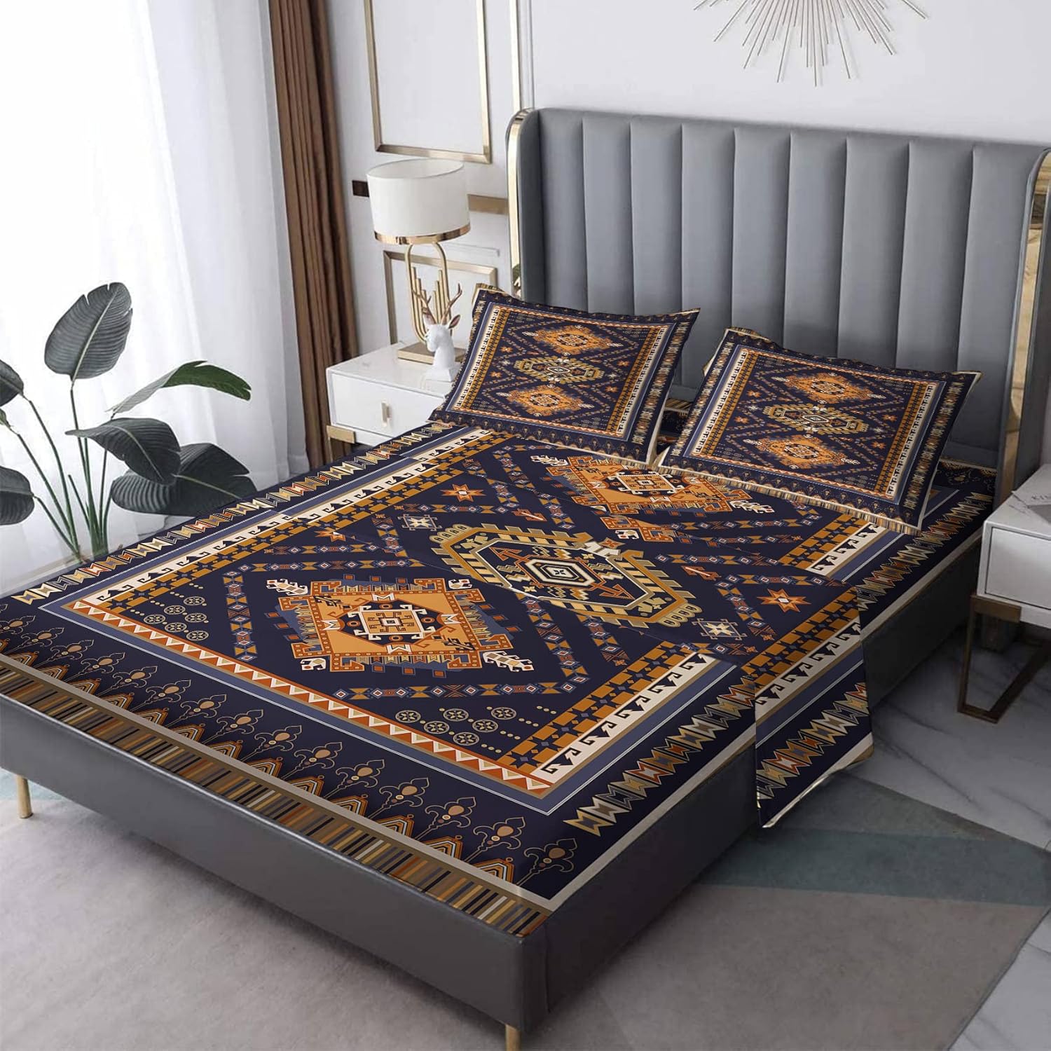 NOGAWA Aztec Sheets Split King Size, Retro Ethnic Bed Sheets, Patterned