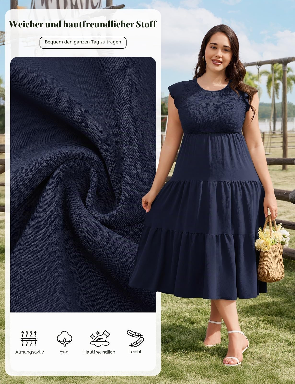 Sommerkleid Damen Große Größen Kleider Sommer Elegant Rundhals Flatterärmel Maxikleider Elastische Taille A Linie Casual Maxi Kleider Strandkleid Lang Freizeitkleid