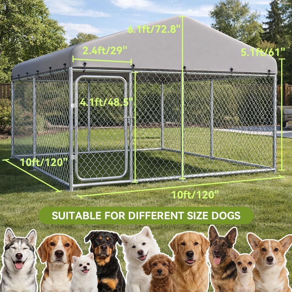 COMHOMA Dog Kennel Outdoor with Roof,Large Metal Dog Enclosure with Weather-Resistant Cover,Lockable Gate for Medium Large Dogs (Silver, 10x10FT (124in)