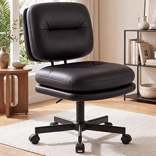 COMHOMA Home Office Desk Chair with Comfy Lumbar Support, Small Vanity Chair with Wheel for Bedroom, Thick Padded & Armless, 19.1"-25.4" Height Adjustable, Soft PU Leather, Black