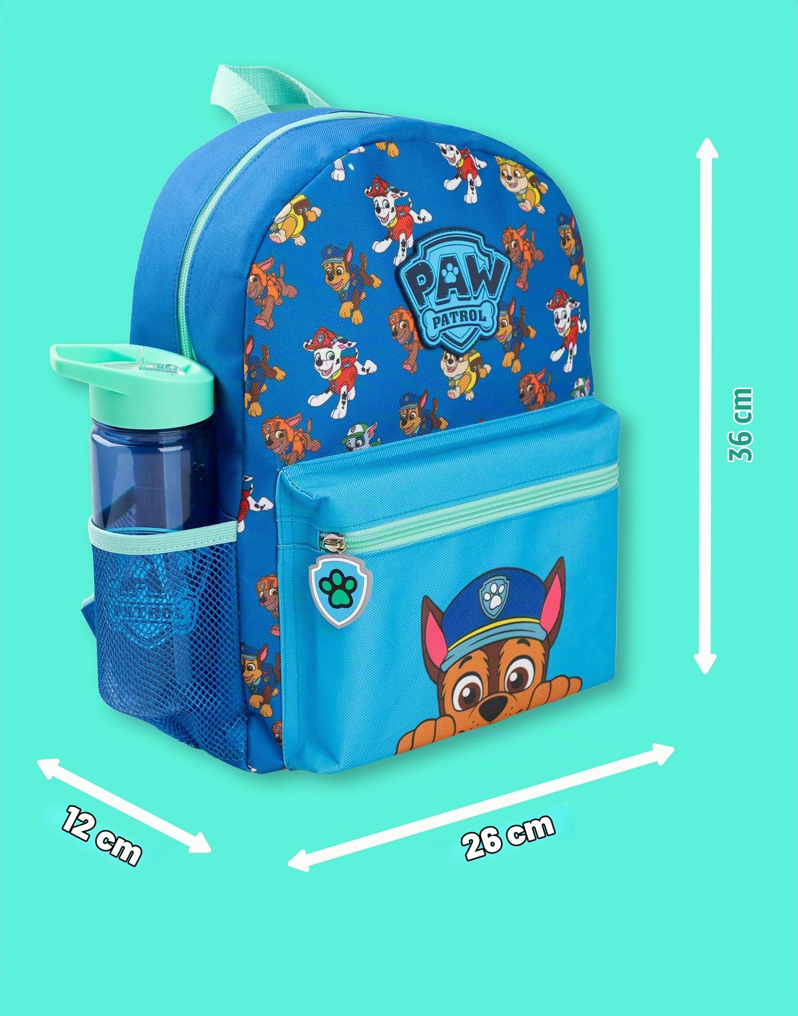 Paw Patrol Set di zaini Boys | Pacchetto zaino blu e verde da 4 pezzi per bambini con zaino, astuccio, borsa per il pranzo e bottiglia d'acqua | Set completo coordinato Chase Dog Crew Graphic