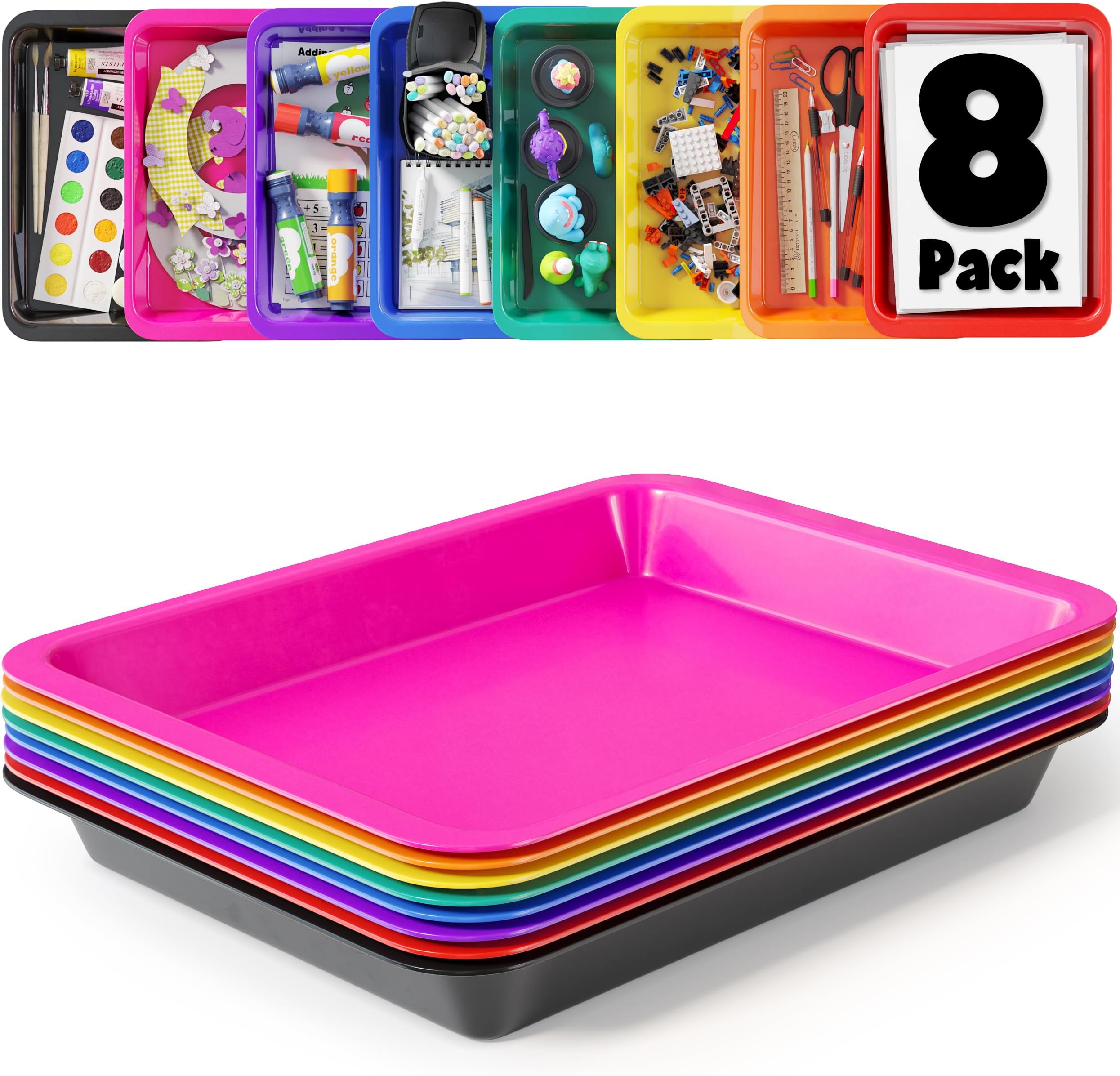 Set of 8 Art Trays for Kids, Great for Lego, Sand, Crafts, Painting, Montessori, Rainbow Tray for Classroom, Craft Trays for Kids