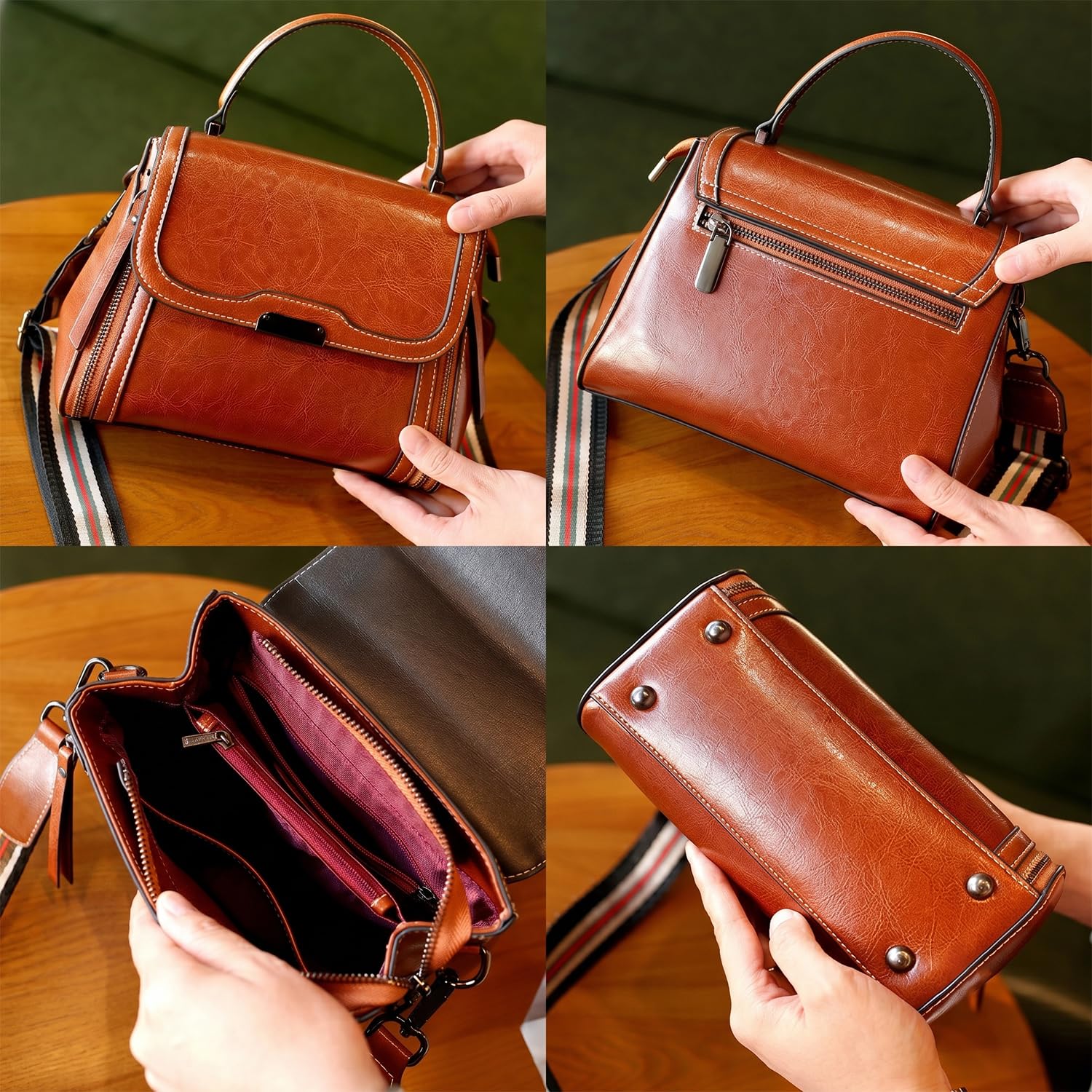 Bolso de Mano Mujer de Cuero Genuino Verano, Elegante Bolso de Hombro y Bandolera, Bolso Tote Estructurado Clásico para Trabajo Diario Marrón