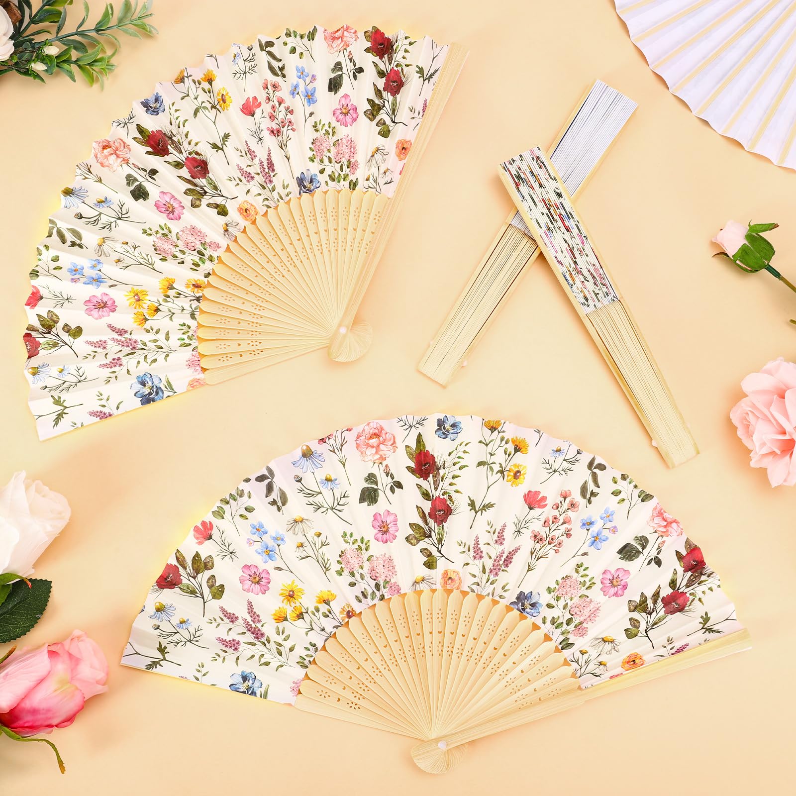 JarThenaAMCS Faltbarer Handfächer mit Organza-Beuteln, dekorative Handfächer, Vintage-Wildblumen-Papierfächer für Frühling, Junggesellinnenabschied, Hochzeit, Brautparty, Party, Gastgeschenke, 24