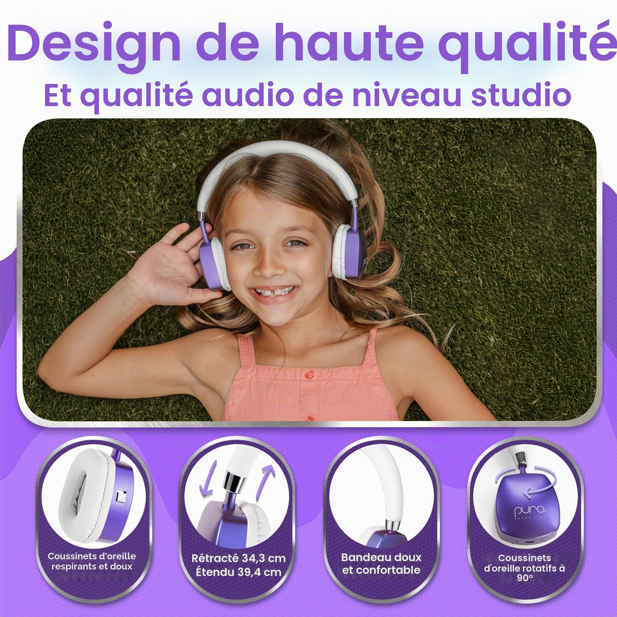 Puro Sound Labs PuroQuiet Plus Écouteurs Bluetooth avec Suppression du Bruit pour Enfants avec Microphone, Design léger dans l'oreille, Son de qualité Studio (Violet)