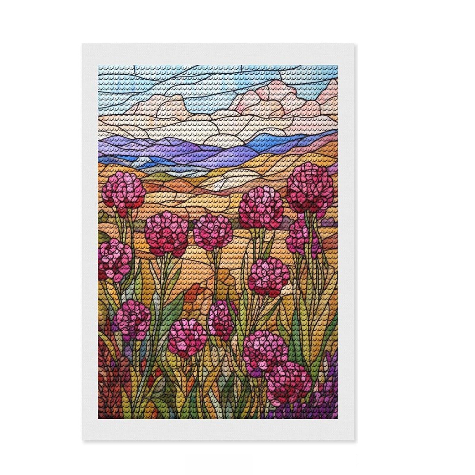 Junmoney Stained Glass Mountain Meadow Full Drill Diamond Painting Kit 8"x12", Finish and Display, Creative Leisure Activity, Boho Decor, Birthday Gift