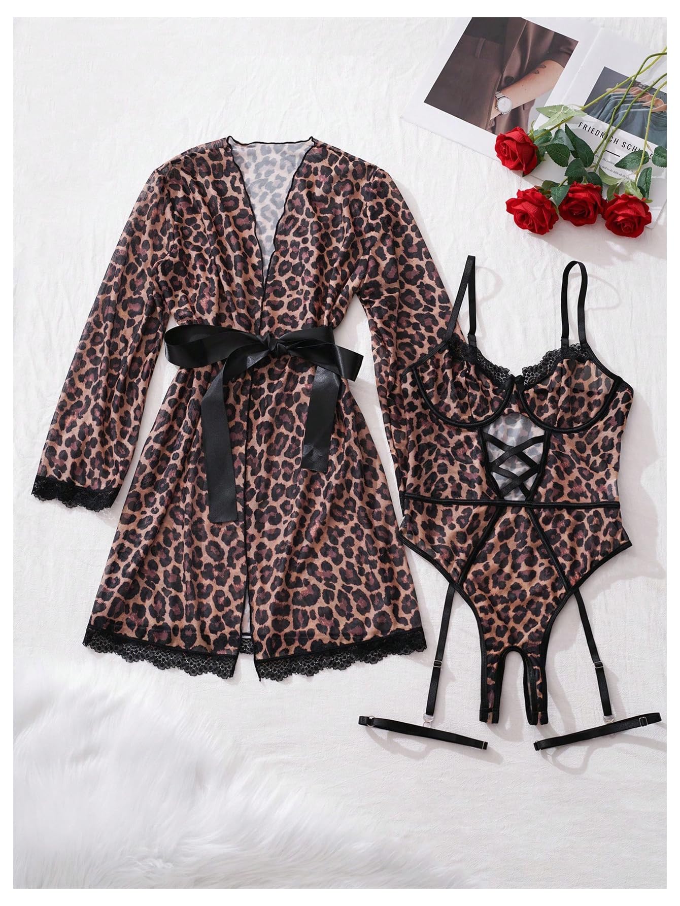 OYOANGLE Women's 5 Piece Leopard Print Robe Lingerie Set Sexy Lace Trim Bodysuit with Belt Garter: Medium Multicolor