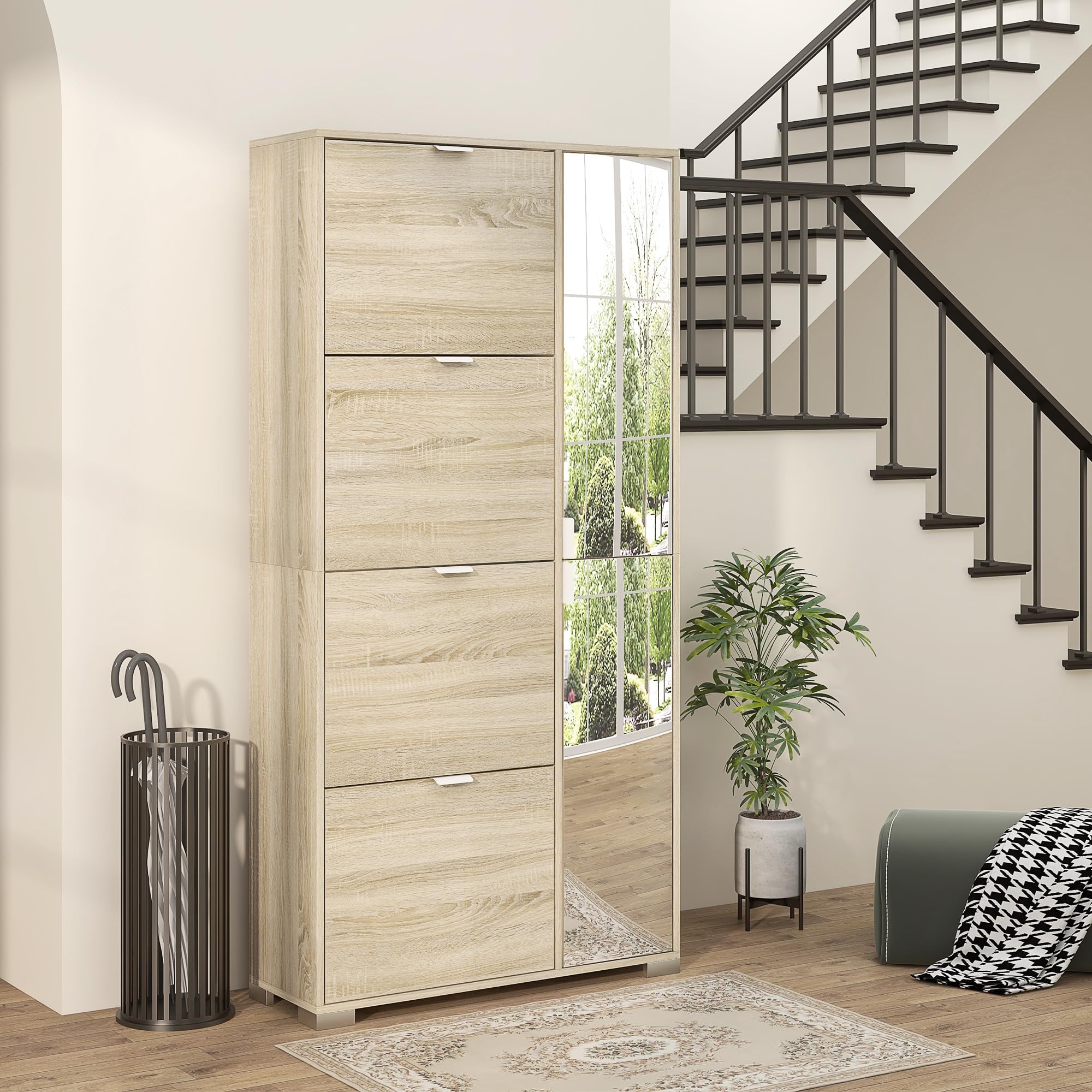 HOMCOM - Mueble para zapatos, con 2 armarios, 4 tapas y fachadas Espejo, estantes ajustables para 16 pares de zapatos, roble