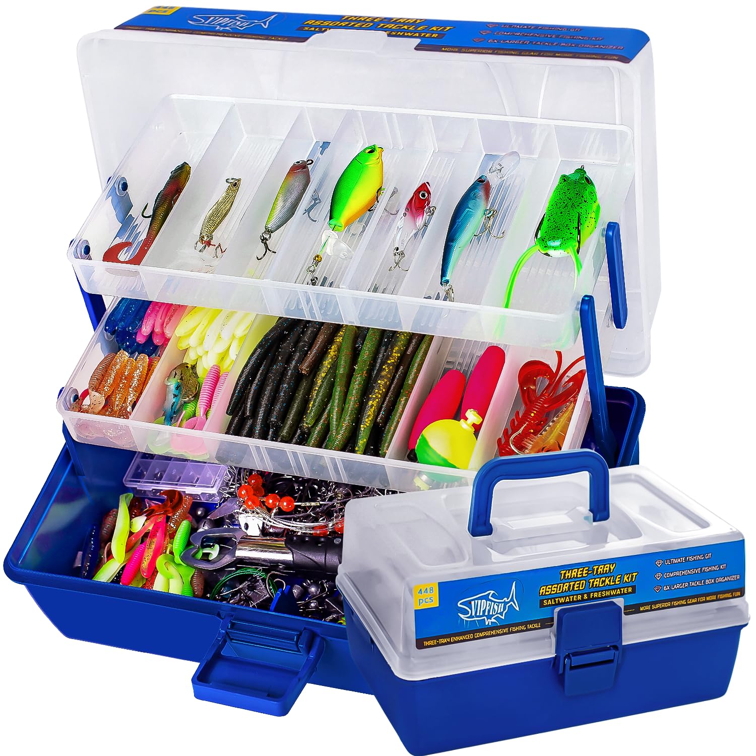 Vipfish 448-Pcs Fishing Lures Kit – Complete 3-Layer Tackle Box Set with Hooks, Weights, Bobbers, Pliers, Rigs, Leaders, Fluorocarbon Line, Accessories & More for Kids Fishing Gear