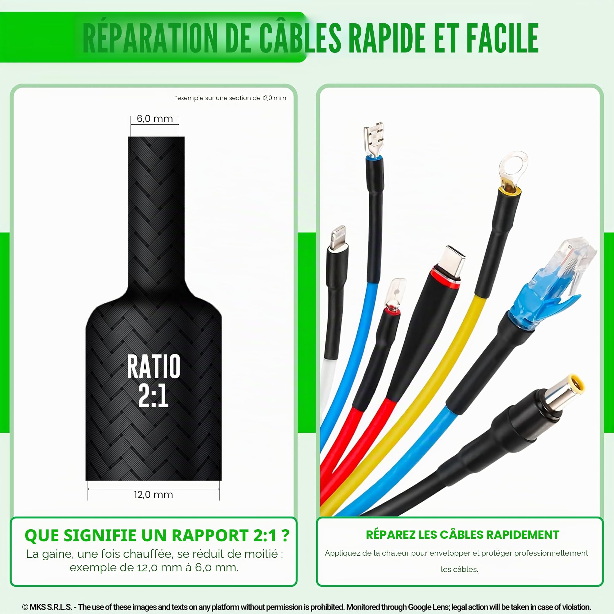 Gaine Thermo-Rétractable Tressée Ø 12mm, L 8m • Protection Avancée pour Câbles • RAPPORT 2:1