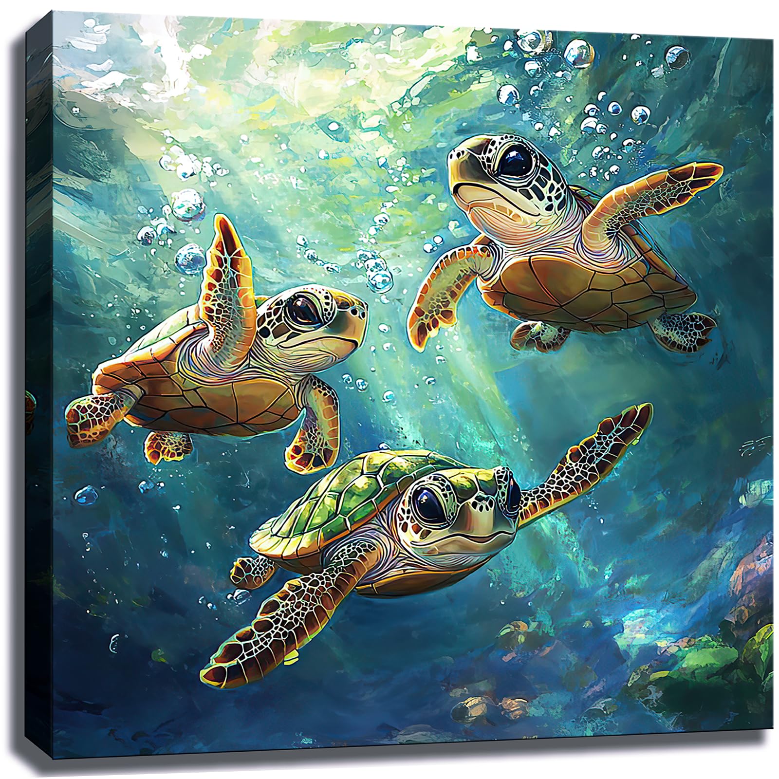 Green Sea Turtle Canvas Wall Art Bathroom Wall Decor Teal Watercolor Ocean Animal Painting Print Framed Sea Life Picture Poster for Kids Bedroom Decoration 14"x14"