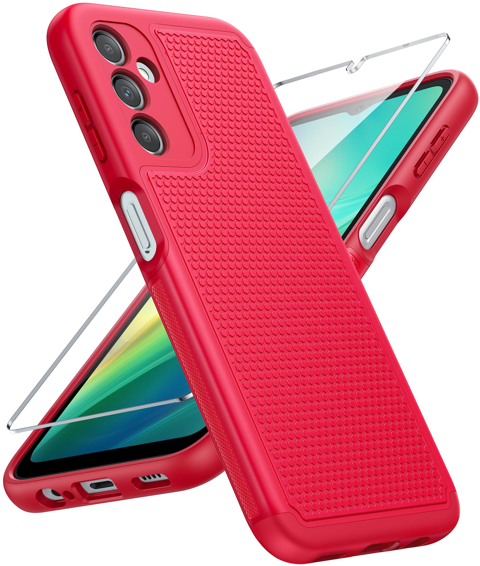 FNTCASE for Galaxy A14-5G Phone Case: Samsung Dual Layer Non Slip Cover Red | With Screen Protector, Military Grade Shockproof Drop Protection, Matte Textured Protective Cases for Daily Use, Red