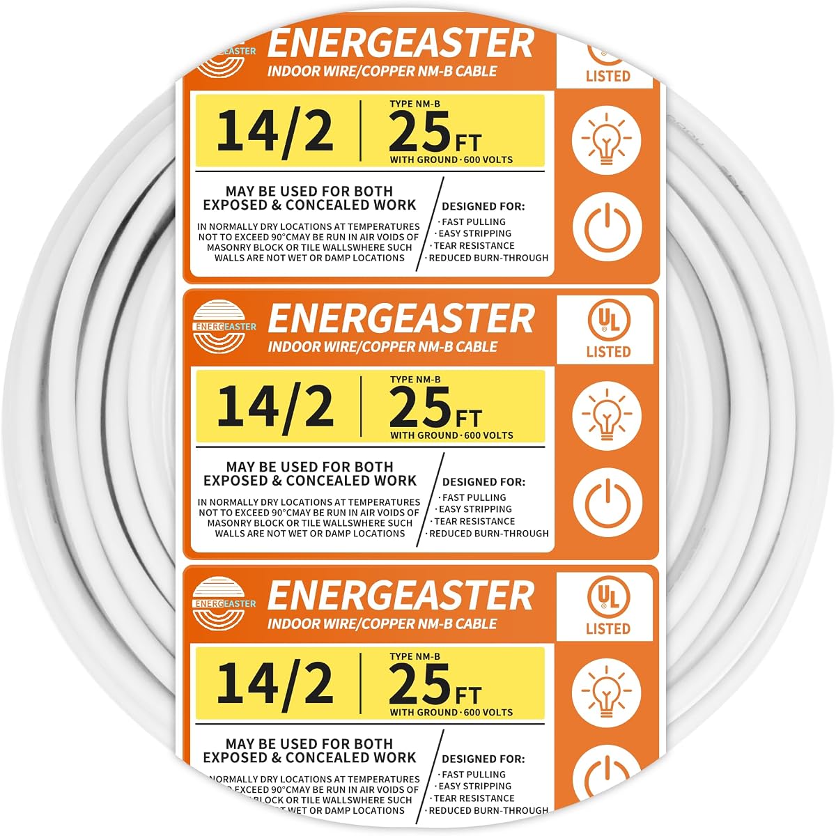 Energeaster Solid Indoor 14/2 W/G NMB Cable 25ft, Electrical Wire, White | 25FT NMB Cable 14 Gauge Wire 2 Conductors 600V Bare Copper Non-Metallic Sheathed Solid Indoor Residential Wire, UL Listed