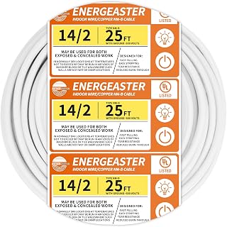 energeaster 14/2 NM-B Romex Wire 25ft Coil - Solid 14 Gauge Indoor Electrical Cable w/ Ground, White Jacket