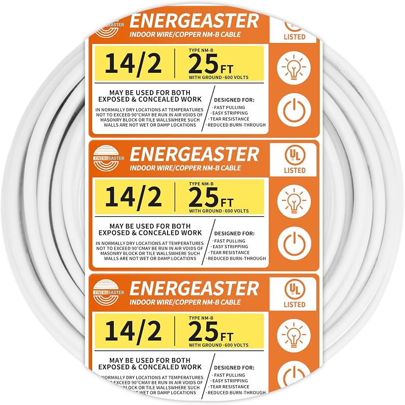 Energeaster Solid Indoor 14/2 W/G NMB Cable 25ft, Electrical Wire, White | 25FT NMB Cable 14 Gauge Wire 2 Conductors 600V Bare Copper Non-Metallic Sheathed Solid Indoor Residential Wire, UL Listed
