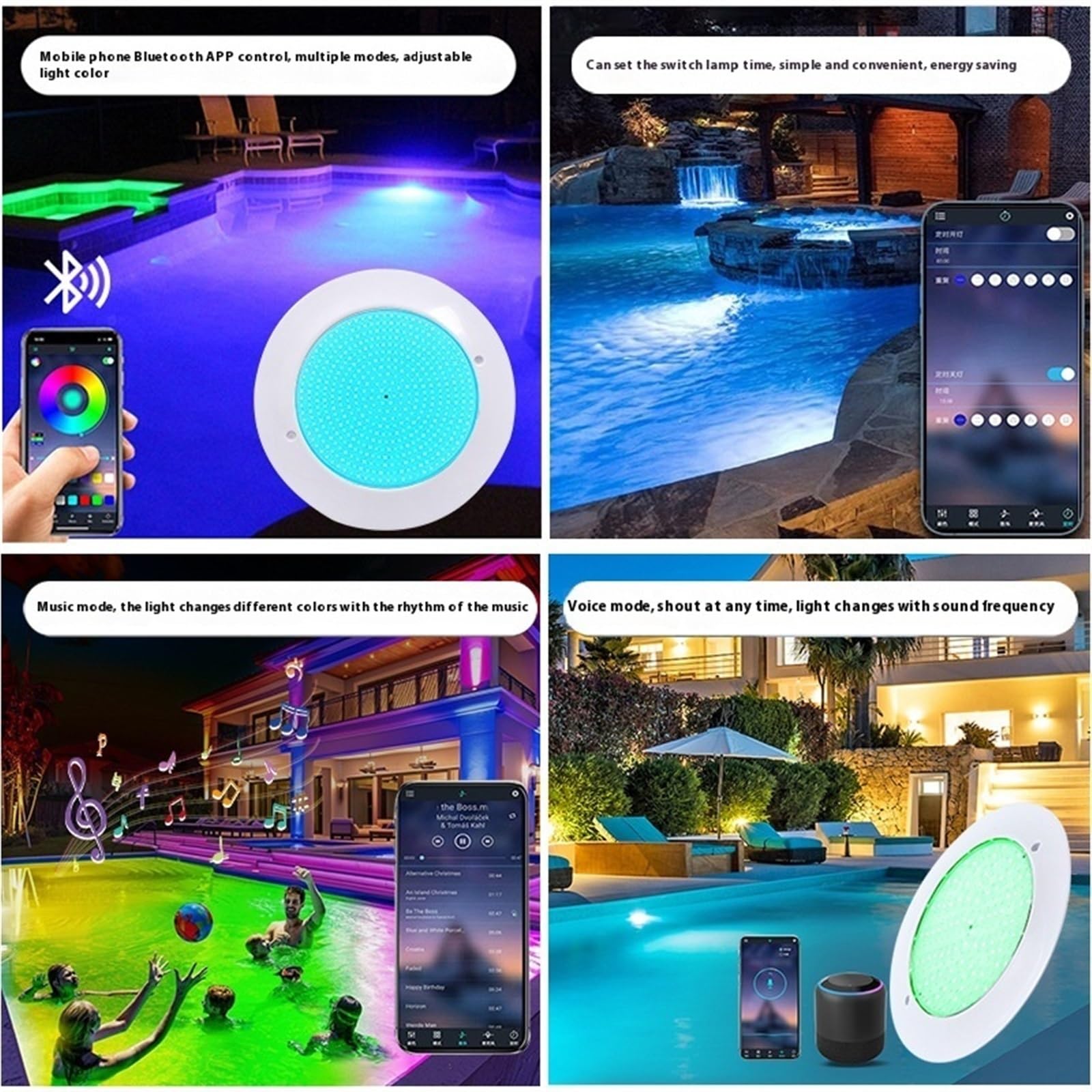 Poolbeleuchtung, Unterwasser-12-V-Niederspannungs-Schwimmbadlicht, farbenfrohe Bluetooth-App, ultradünnes, wandmontiertes Unterwasserlicht mit Vollkleber für Schwimmbad, Brunnen, Teich, Aquarium(Color