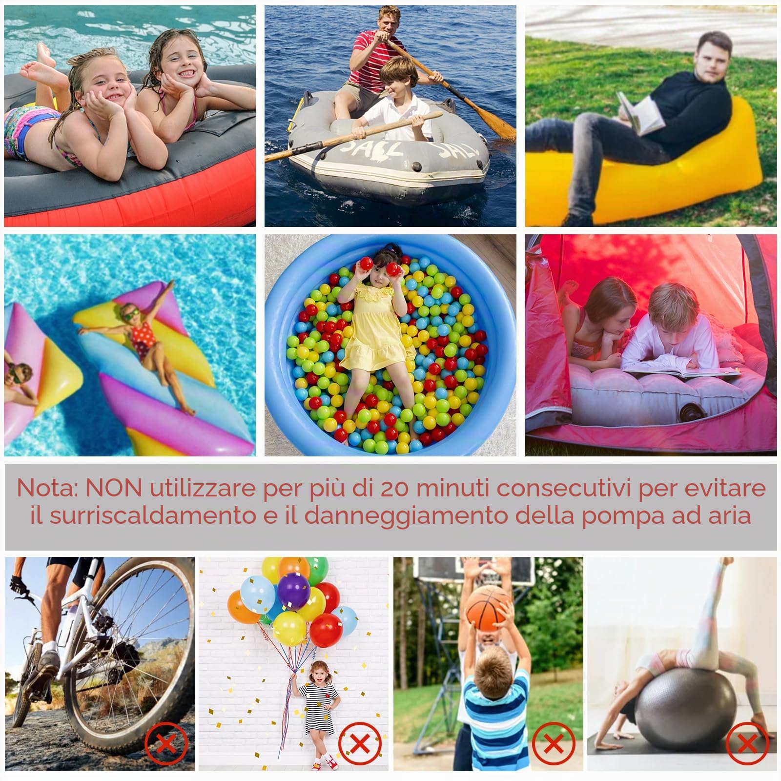 Pompa d'aria elettrica Jsdoin, pompa d'aria elettrica ad alta potenza 220-240V/130W, adatta a cuscini d'aria, piscine gonfiabili, giocattoli da spiaggia, dotato di 3 dimensioni di ugelli