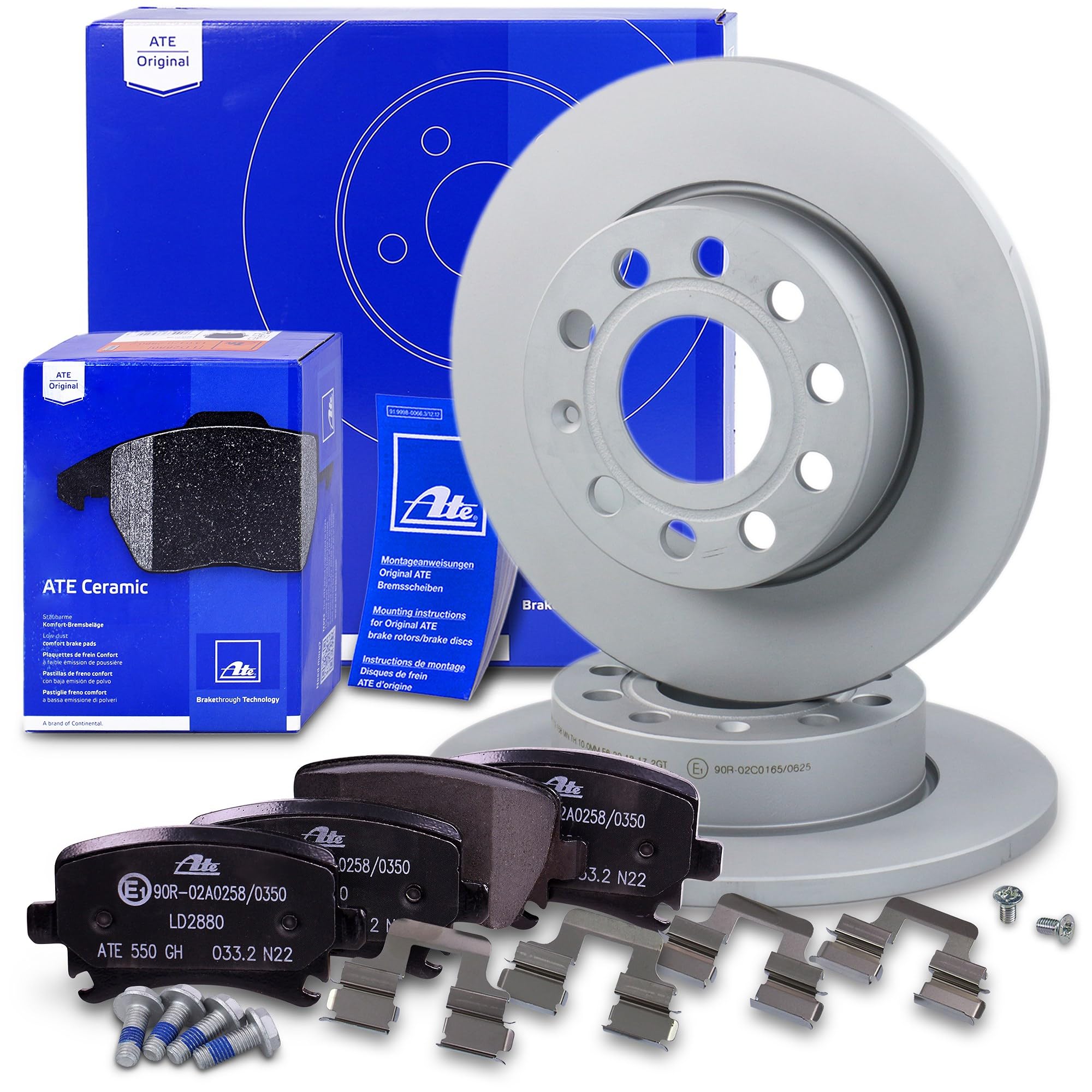ATE Set di freni per asse posteriore +dischi freno posteriori ¯ 256mm pieni e pastiglie freno ceramiche posteriori Compatibile con AUDI A3, SEAT, SKODA, VW CADDY, GOLF 5+6, JETTA 3, SCIROCCO 3, TOURAN