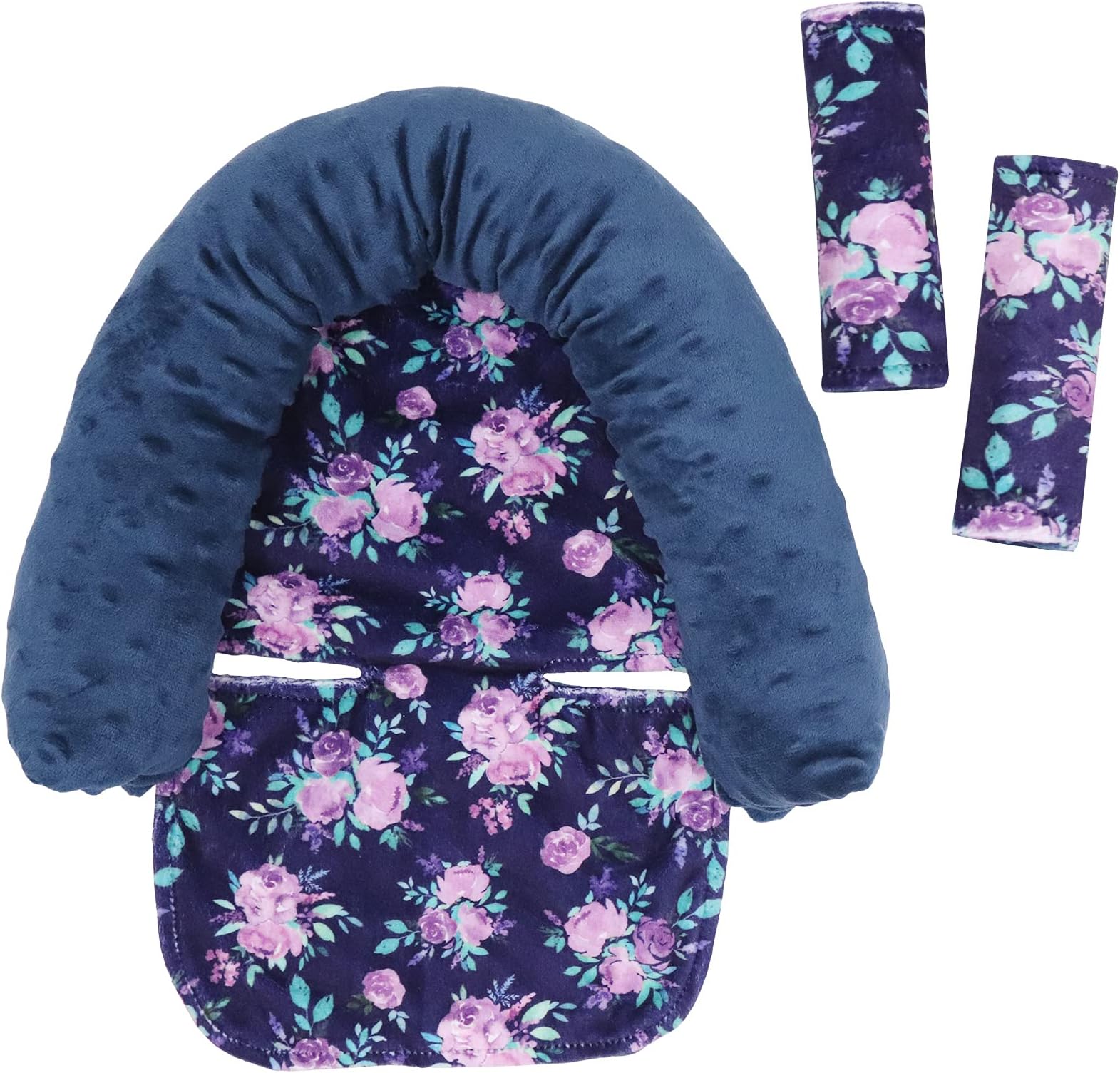 Baby Carseat Headrest and Strap Covers, Purple Floral Minky Infant Strollers Head Support & Seat Belt Cover, Toddler Strollers Headrest and Neck Cover, Car Accessories for Newborn Boys & Girls