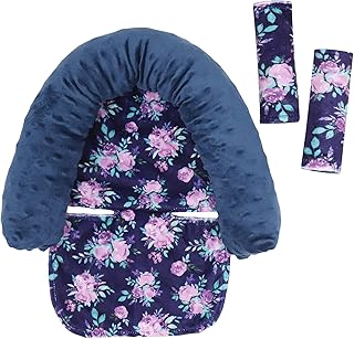 Baby Carseat Headrest and Strap Covers, Purple Floral Minky Infant Strollers Head Support & Seat Belt Cover, Toddler Strollers Headrest and Neck Cover, Car Accessories for Newborn Boys & Girls