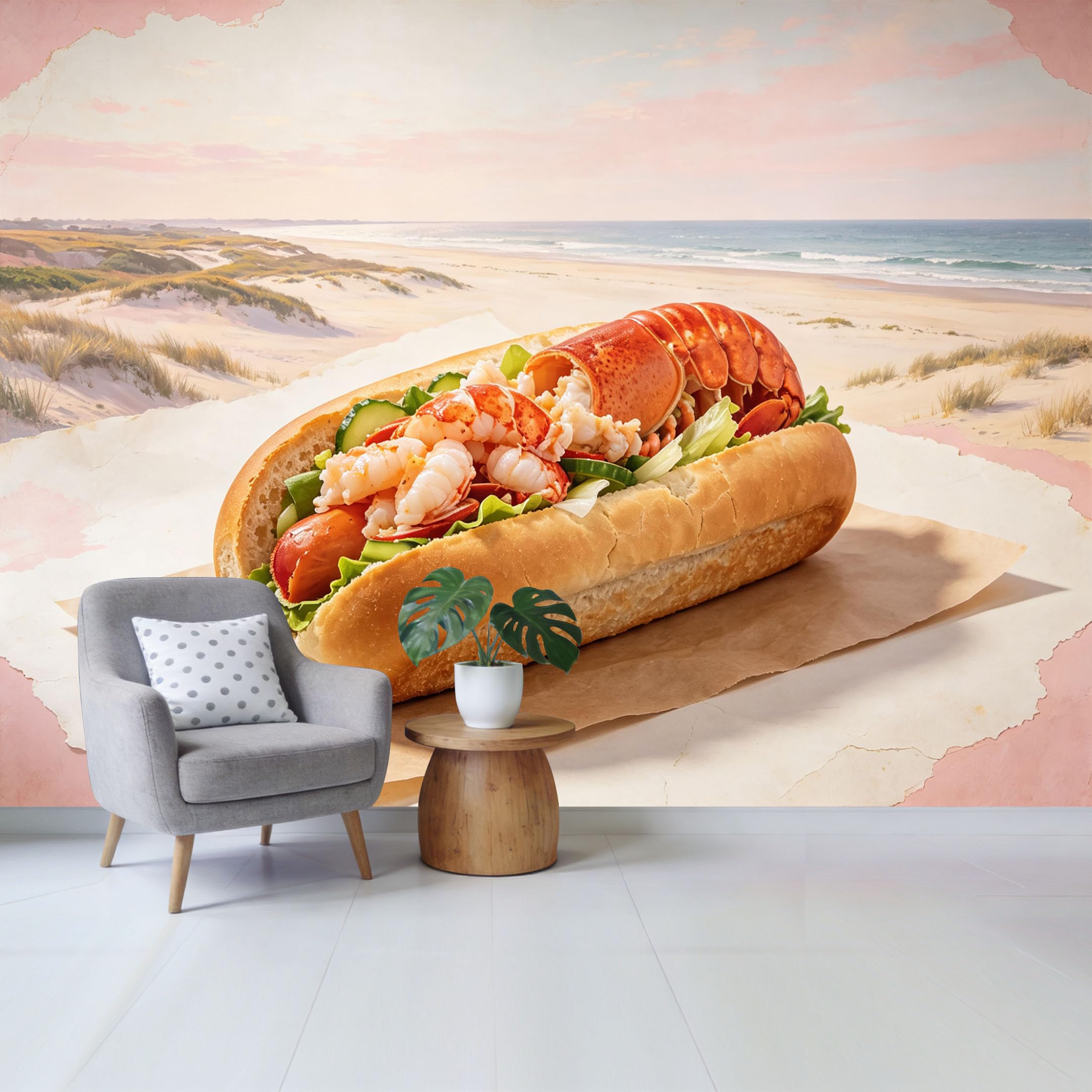 Qzlithotic Yq2605250917 Custom Size Wall Mural Gourmet Lobster Roll Sandwich Coastal Beach Landscape Watercolor Selfadhesive Wall Fabric Removable Wallpaper For Home Office Decor