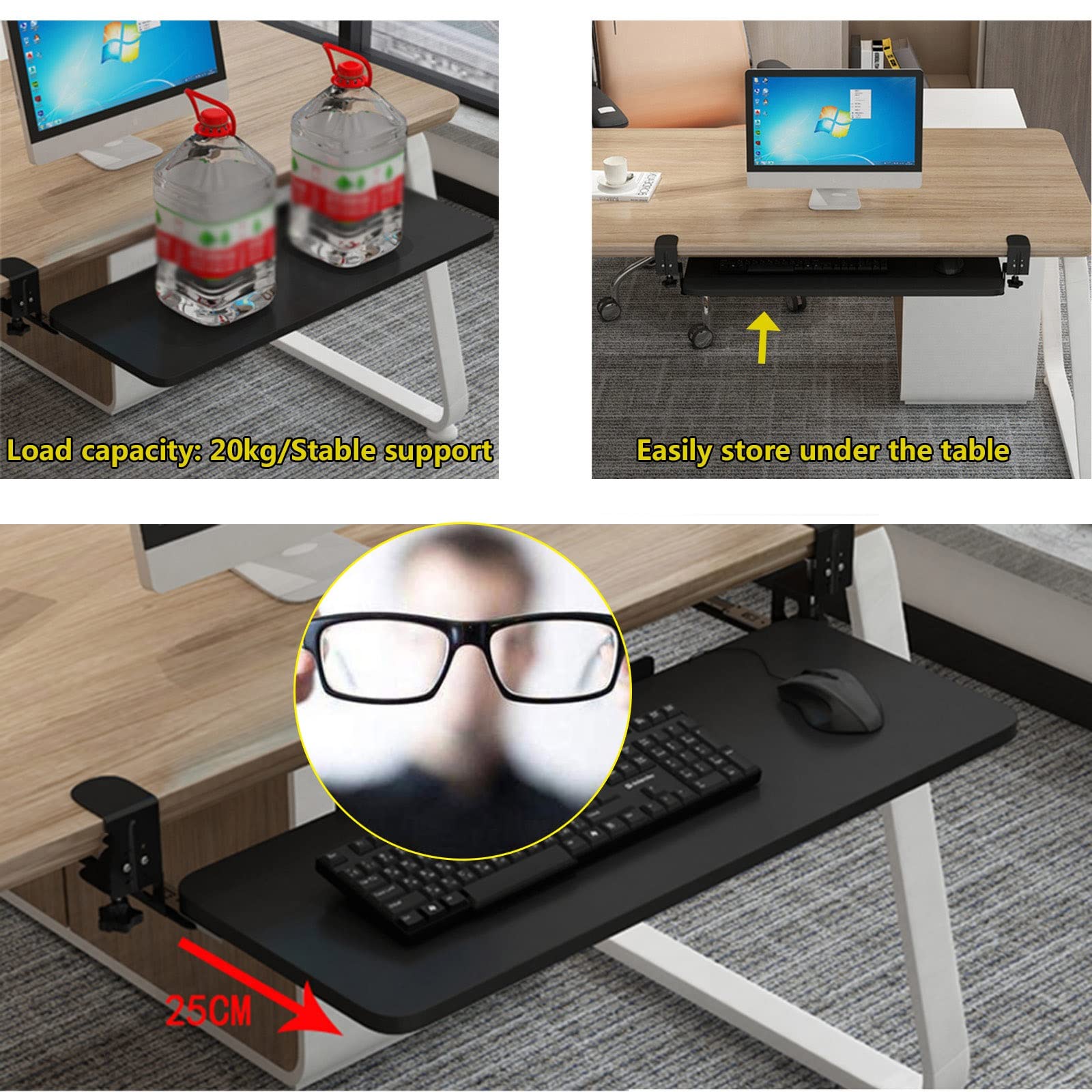 Tastaturablage aus Holz mit Schreibtisch-Handgelenkstütze, Klemme, ausziehbar unter dem Schreibtisch, ausziehbare Tastaturablage mit 25 kg Tragkraft, Computer-Armstütze, Handgelenkauflage,