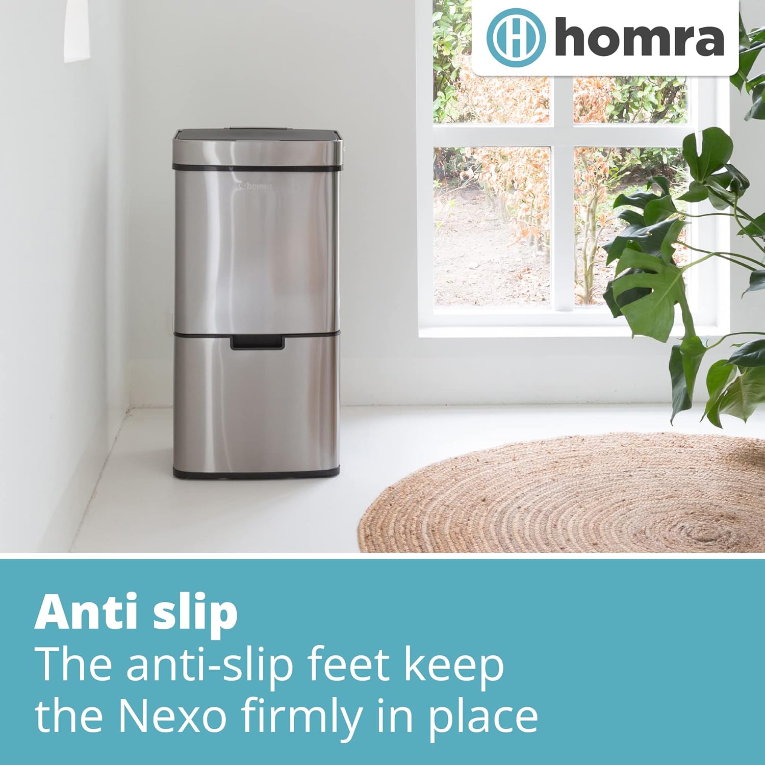 Person disposing of organic waste into the Homra Nexo bin, highlighting the tightly closing lid for odour control.