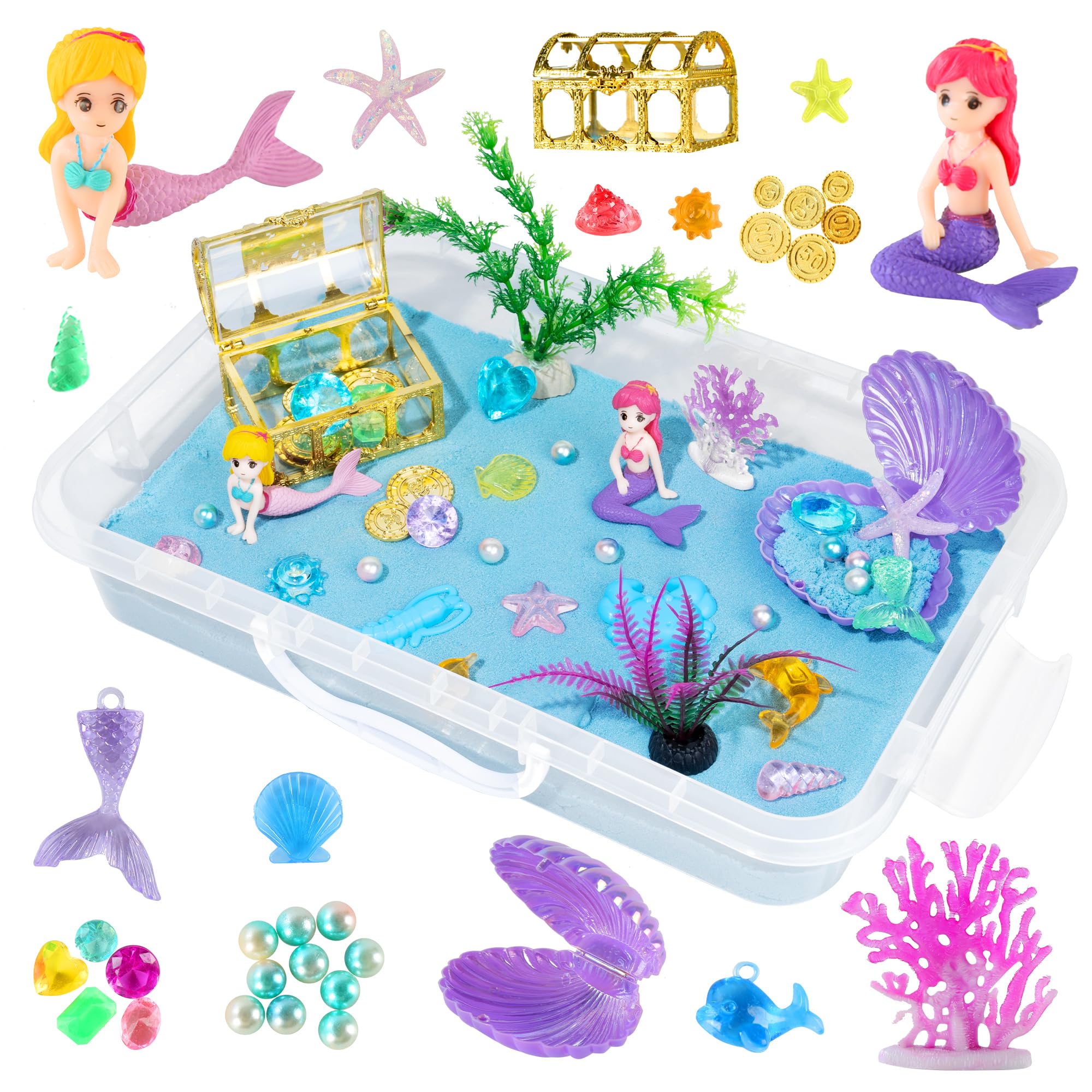 sikmcle Ocean Sensory Bin Blue Moldable Sensory Sand Kit Sandbox with Lid Colorful Plastic Sea Shell Conch Starfish Gems Toys for Kids,Kids Gifts for Boys and Girls