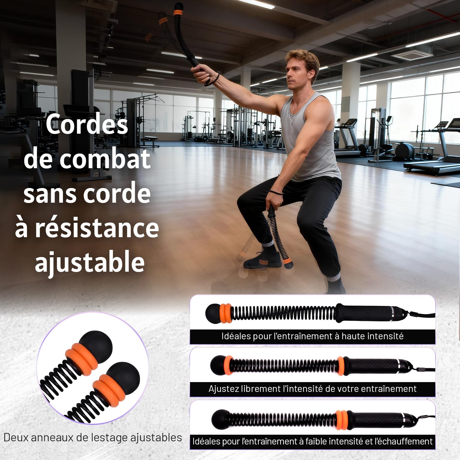 Corde de Combat sans Corde avec Poids réglables, Outil de Fitness Silencieux Facile à Transporter pour la Sculpture Totale du Corps, Le Cardio et la Combustion des Graisses (Noir)